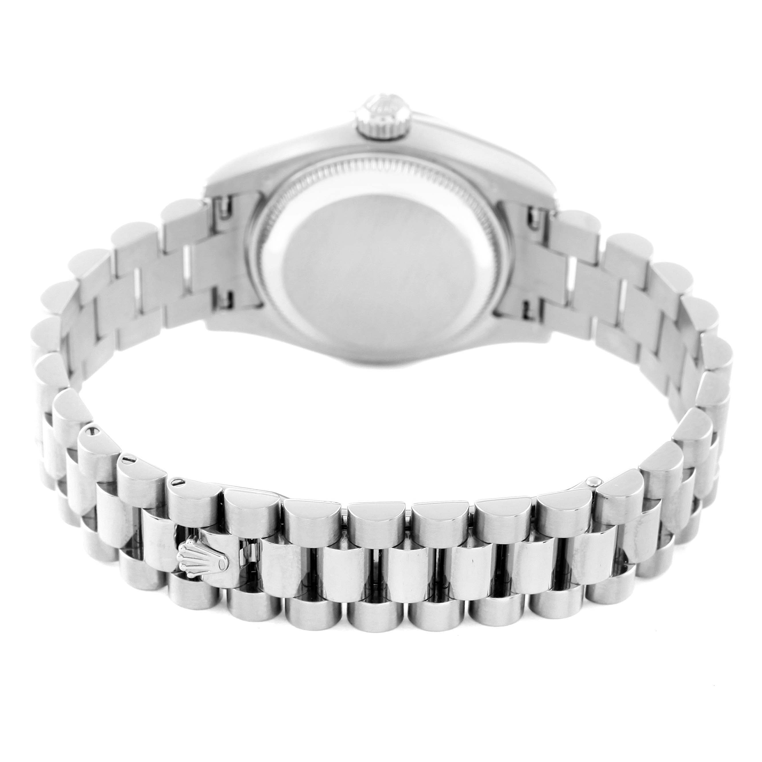 This image shows the back of the Rolex President 179239 Women's White Gold Mother of Pearl Dial 179239 Women's White Gold Mother of Pearl Dial model watch, focusing on the case back, crown, and bracelet.