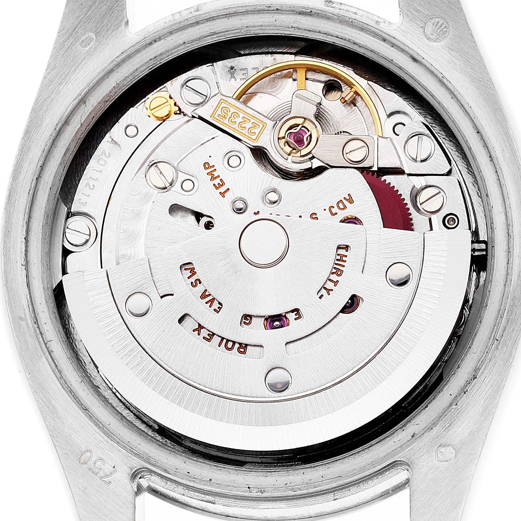 The image shows the intricate inner mechanism of a Rolex President 179239 Women's White Gold Mother of Pearl Dial 179239 Women's White Gold Mother of Pearl Dial model watch viewed from the back.
