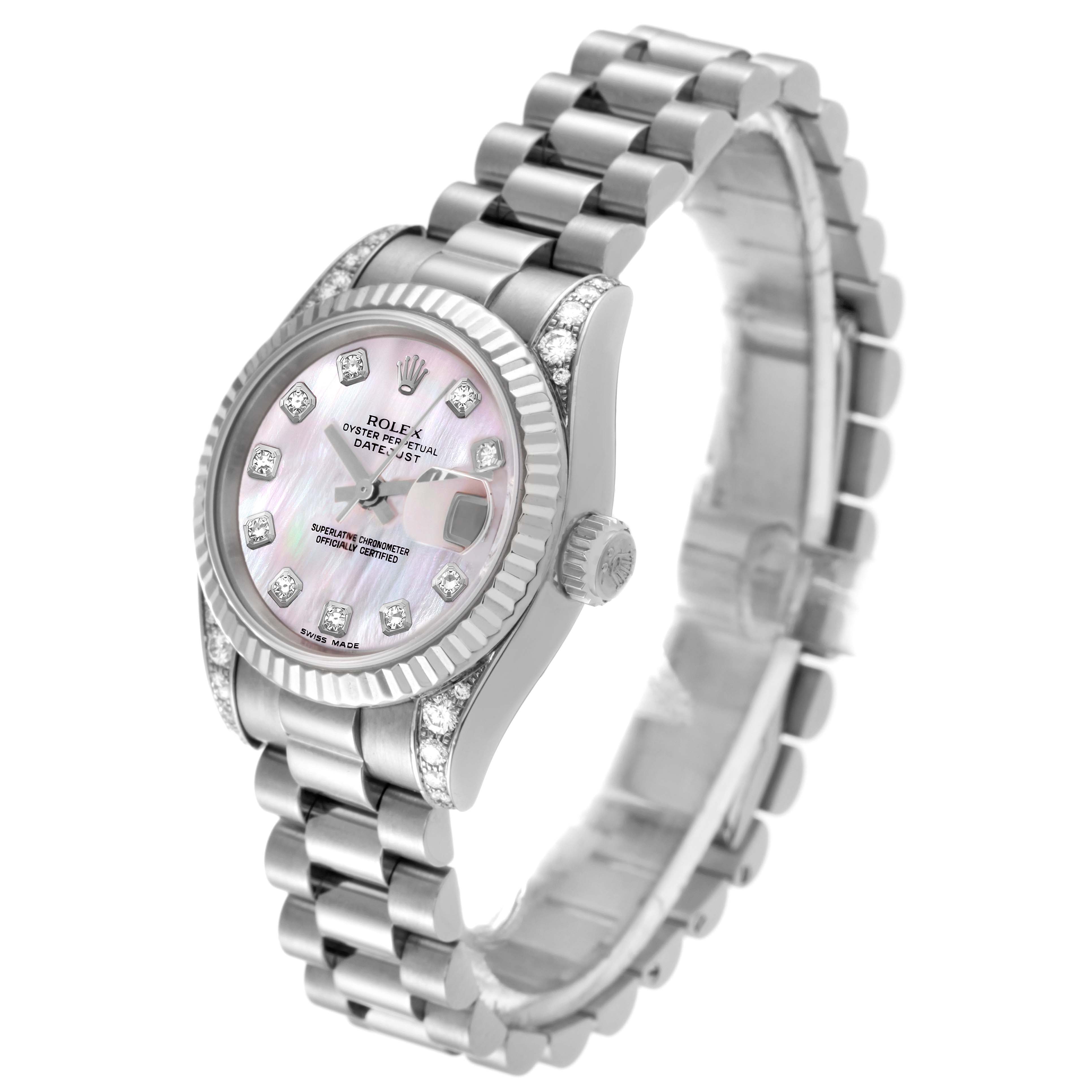 The image shows a Rolex President 179239 Women's White Gold Mother of Pearl Dial 179239 Women's White Gold Mother of Pearl Dial model watch at an angled view, displaying its bracelet, case, crown, and dial.