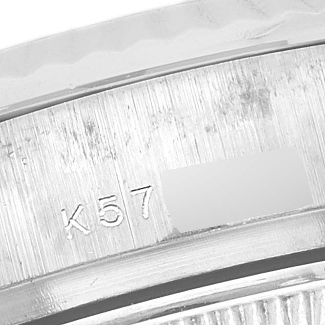 This is a close-up view of the serial number engraved on the case of a Rolex President 179239 Women's White Gold Mother of Pearl Dial 179239 Women's White Gold Mother of Pearl Dial model watch.