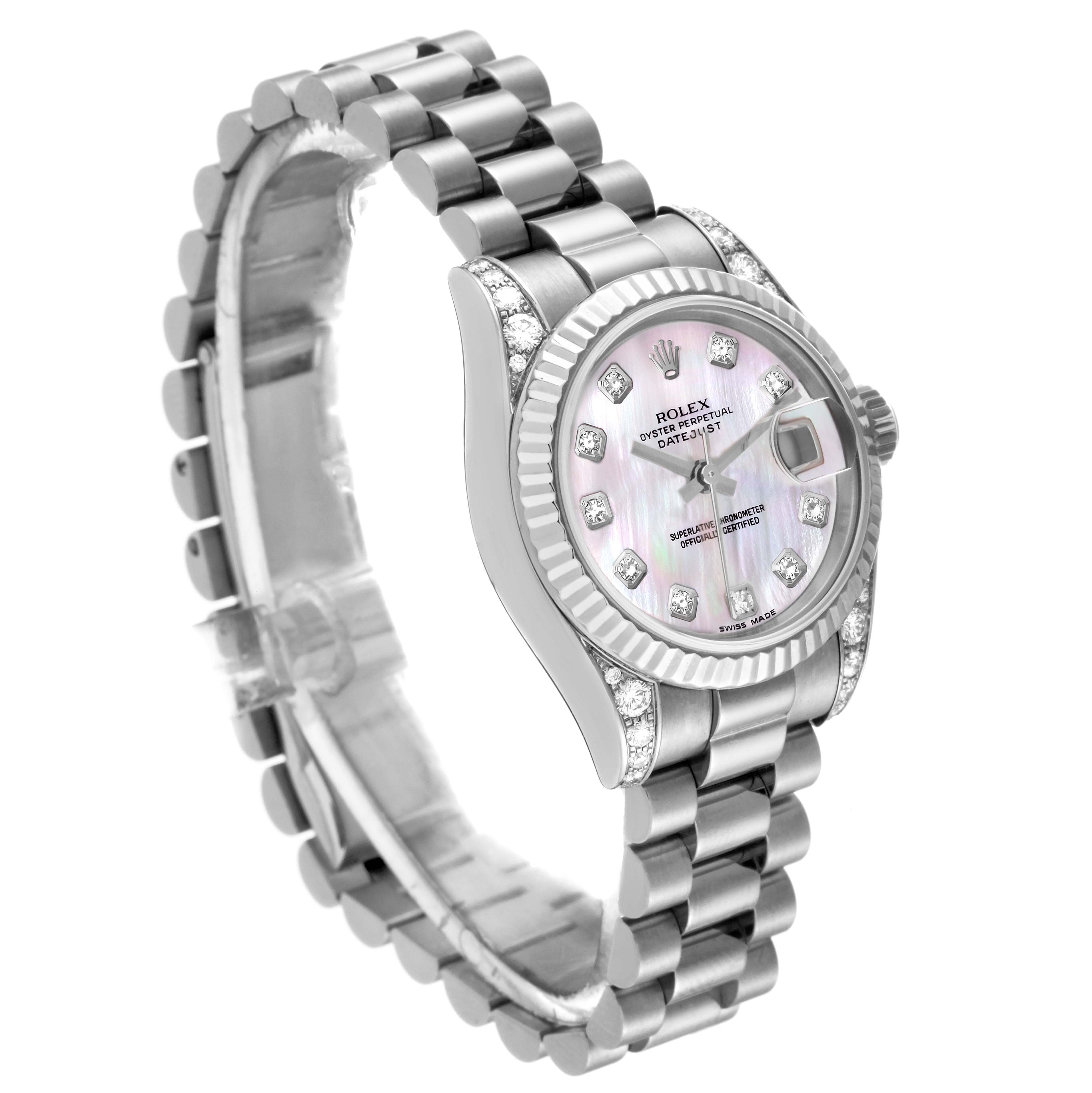 This image shows a Rolex President 179239 Women's White Gold Mother of Pearl Dial 179239 Women's White Gold Mother of Pearl Dial model watch at a slight angle, highlighting the face, bracelet, and crown.