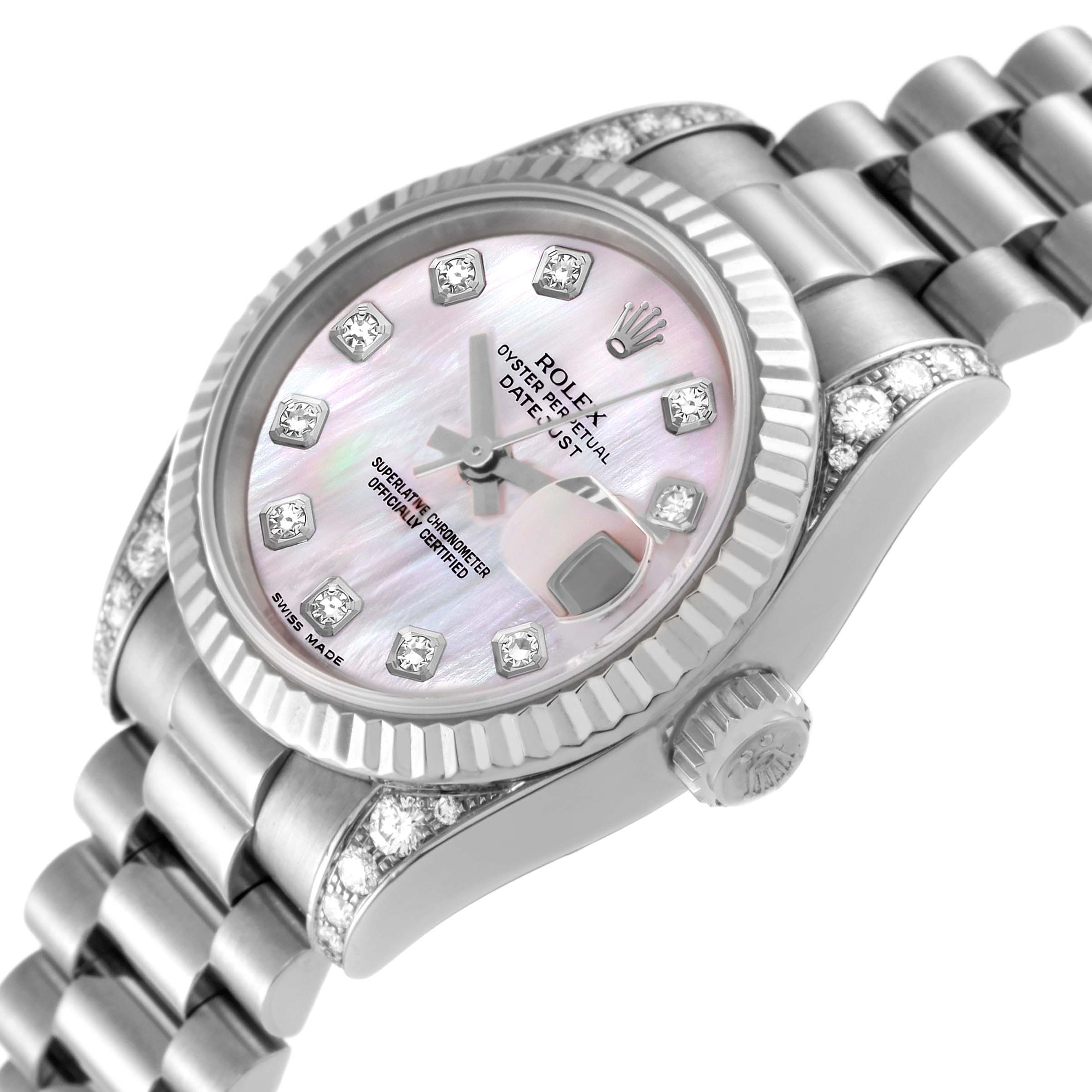 The image shows a close-up, angled view of the Rolex President 179239 Women's White Gold Mother of Pearl Dial 179239 Women's White Gold Mother of Pearl Dial watch, highlighting its dial, bezel, crown, and part of its bracelet.