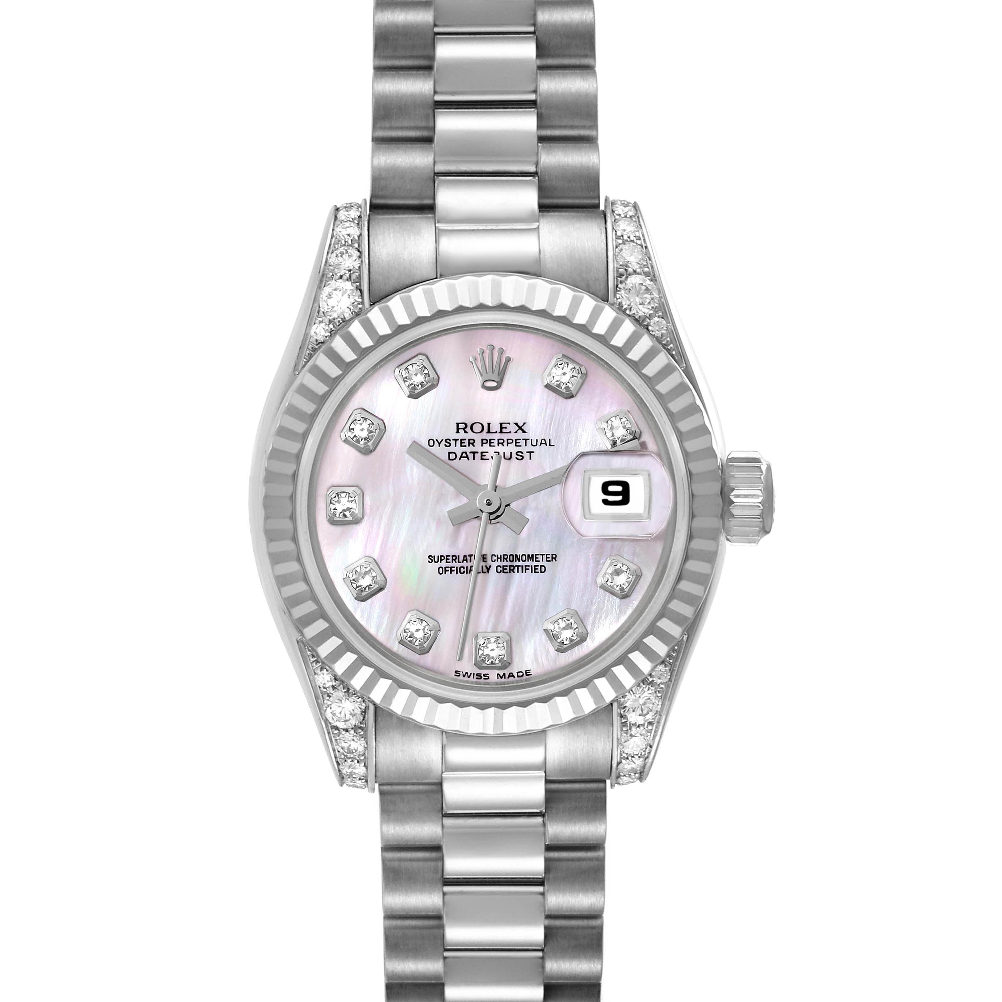 The image shows a Rolex President 179239 Women's White Gold Mother of Pearl Dial 179239 Women's White Gold Mother of Pearl Dial model watch from a front angle, highlighting its dial, bracelet, bezel, and date function.