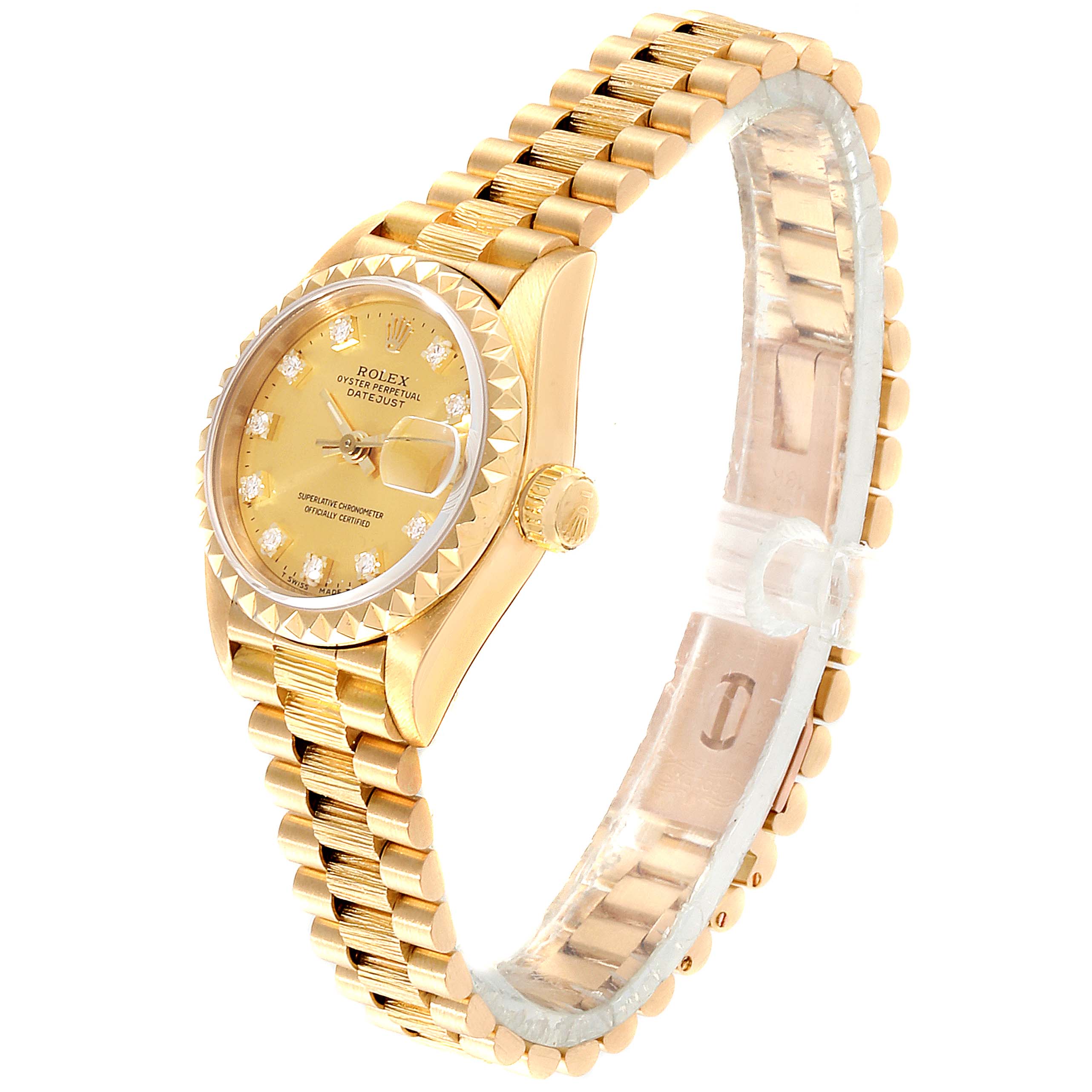 The image shows a side view of the Rolex President 69278 Women
s Yellow Gold Champagne Dial 69278 Women
s Yellow Gold Champagne Dial model watch, highlighting its gold bracelet, crown, and diamond-studded dial.