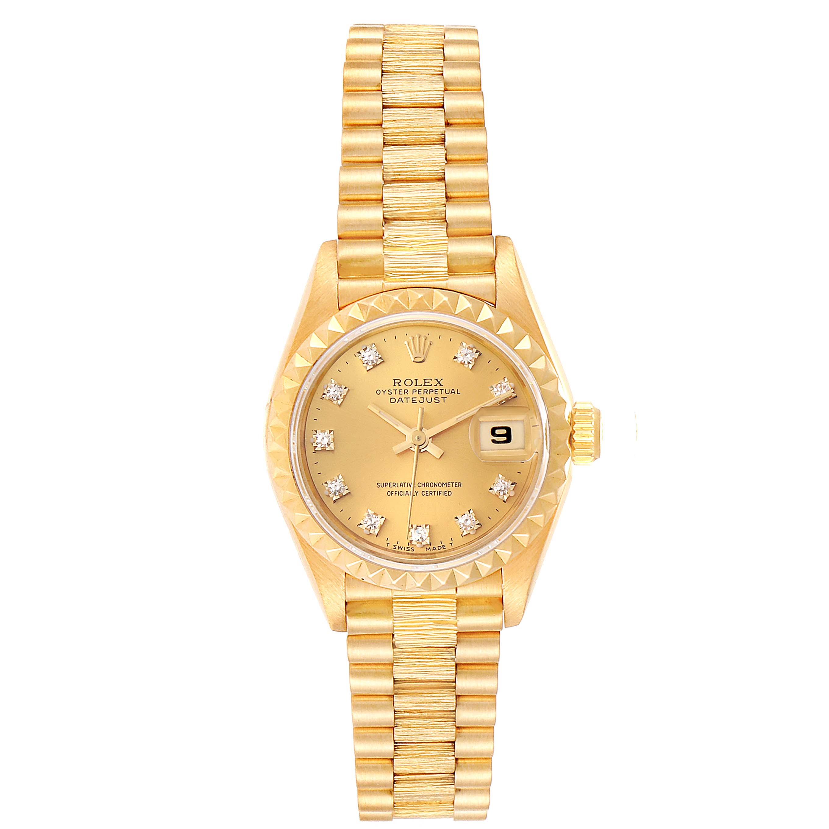 The image shows a frontal view of a Rolex President 69278 Women
s Yellow Gold Champagne Dial 69278 Women
s Yellow Gold Champagne Dial model, highlighting the dial, bezel, bracelet, and date window.