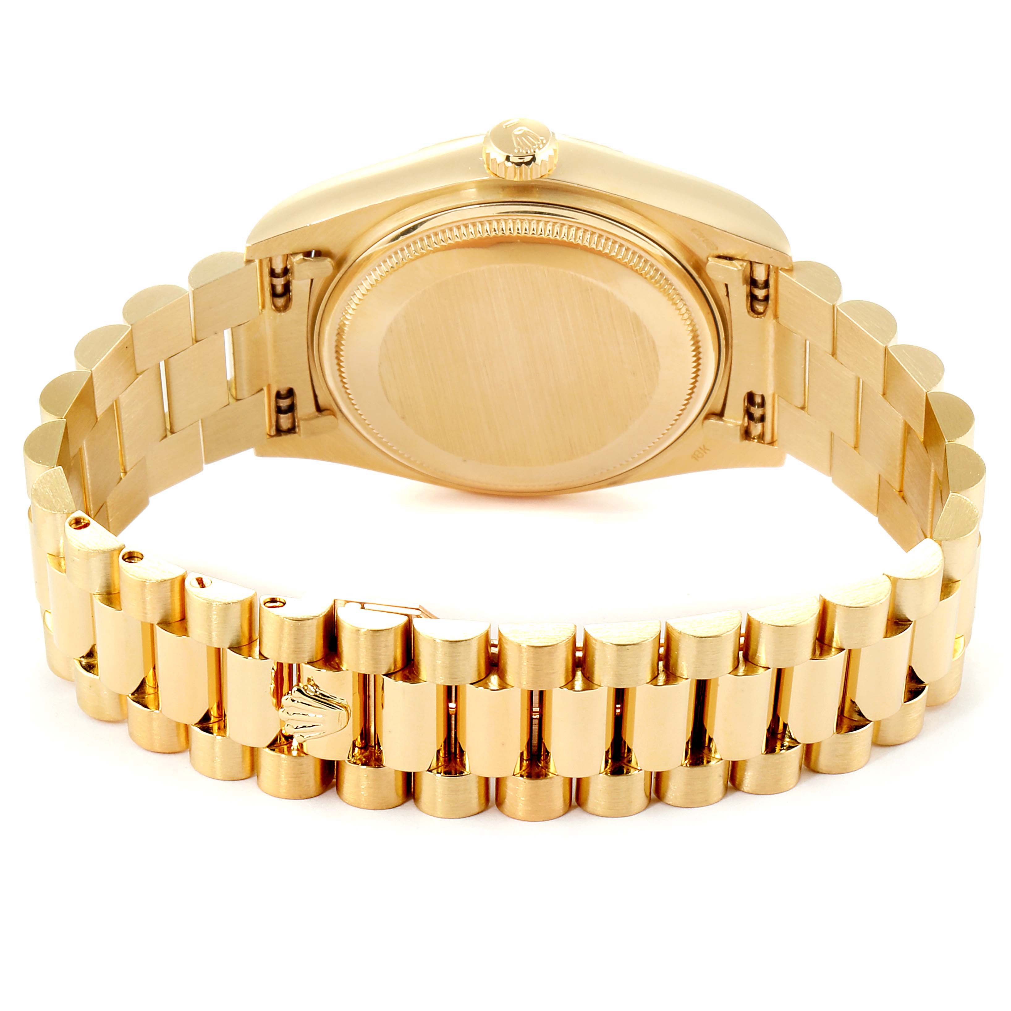 The image shows the back case and bracelet of a gold Rolex President 18038 Men's Yellow Gold Champagne Dial 18038 Men's Yellow Gold Champagne Dial model watch from a rear angle.