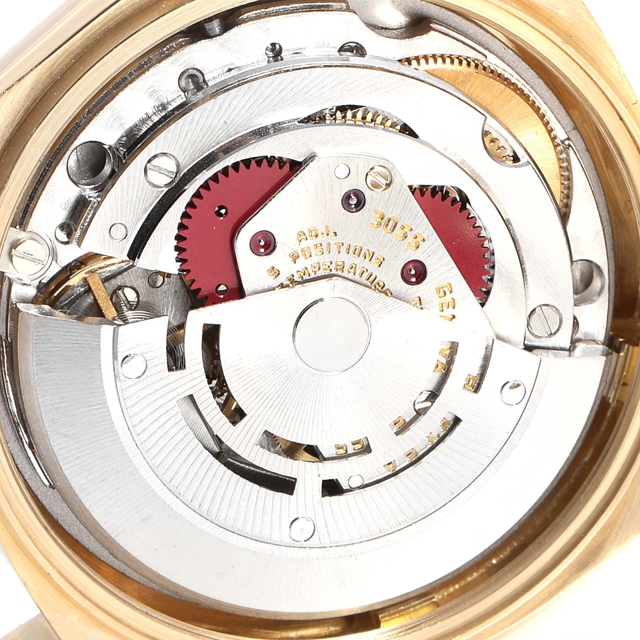 This image shows the internal movement mechanism of a Rolex President 18038 Men's Yellow Gold Champagne Dial 18038 Men's Yellow Gold Champagne Dial model watch from a close-up angle.