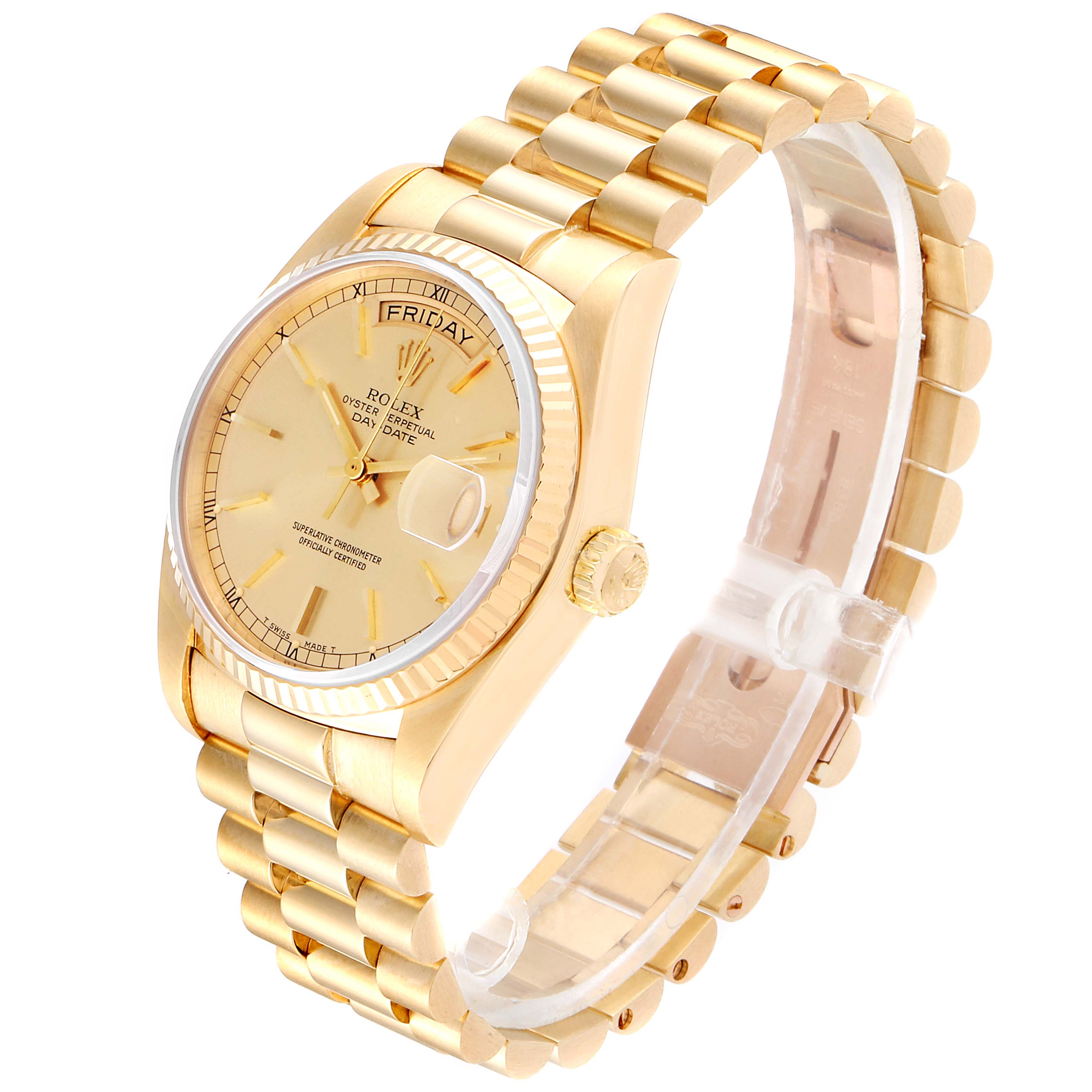 The image shows a side view of the Rolex President 18038 Men's Yellow Gold Champagne Dial 18038 Men's Yellow Gold Champagne Dial model watch displaying its dial, crown, and bracelet.