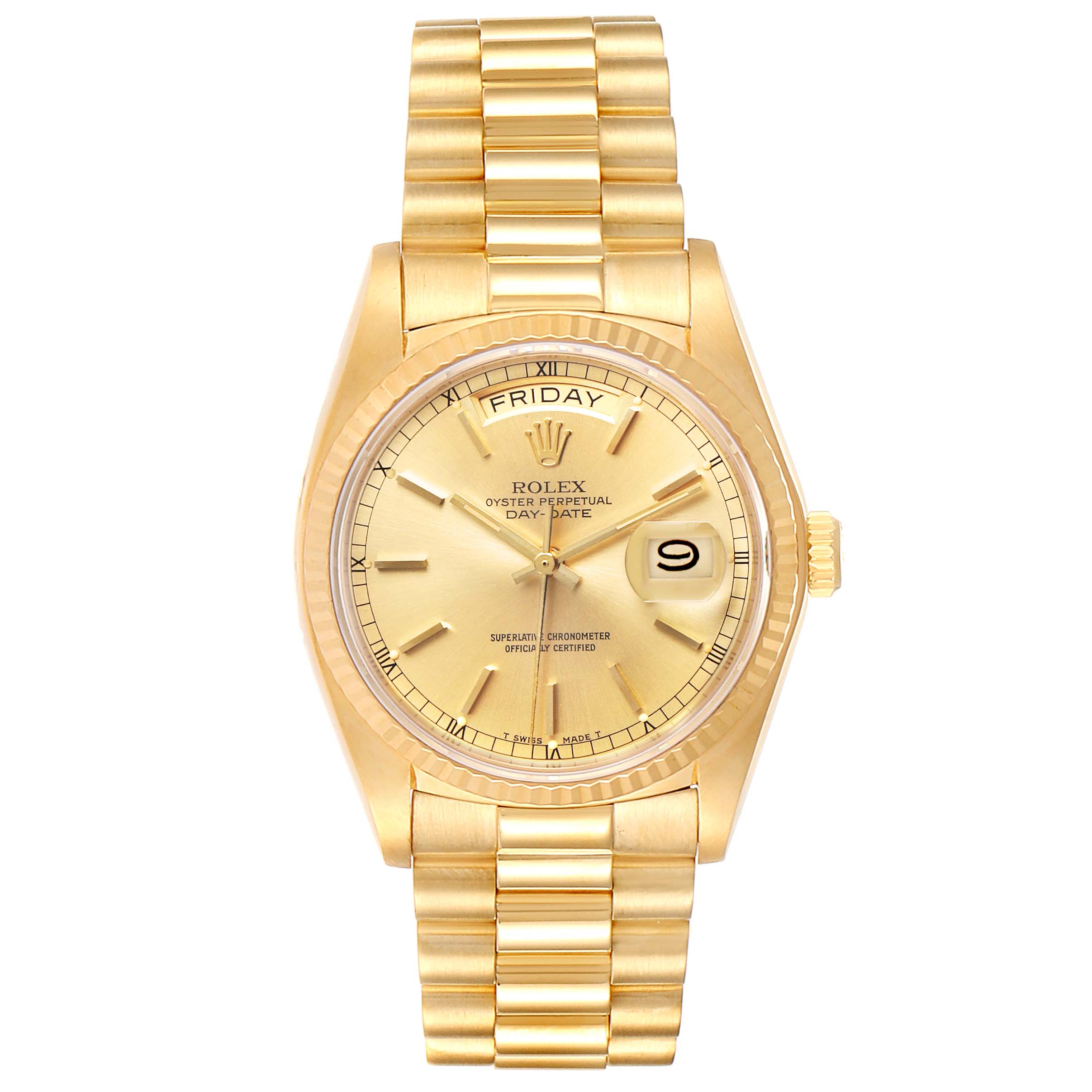 The image shows a frontal view of the Rolex President 18038 Men's Yellow Gold Champagne Dial 18038 Men's Yellow Gold Champagne Dial model watch, featuring the dial, day-date display, bezel, crown, and bracelet.