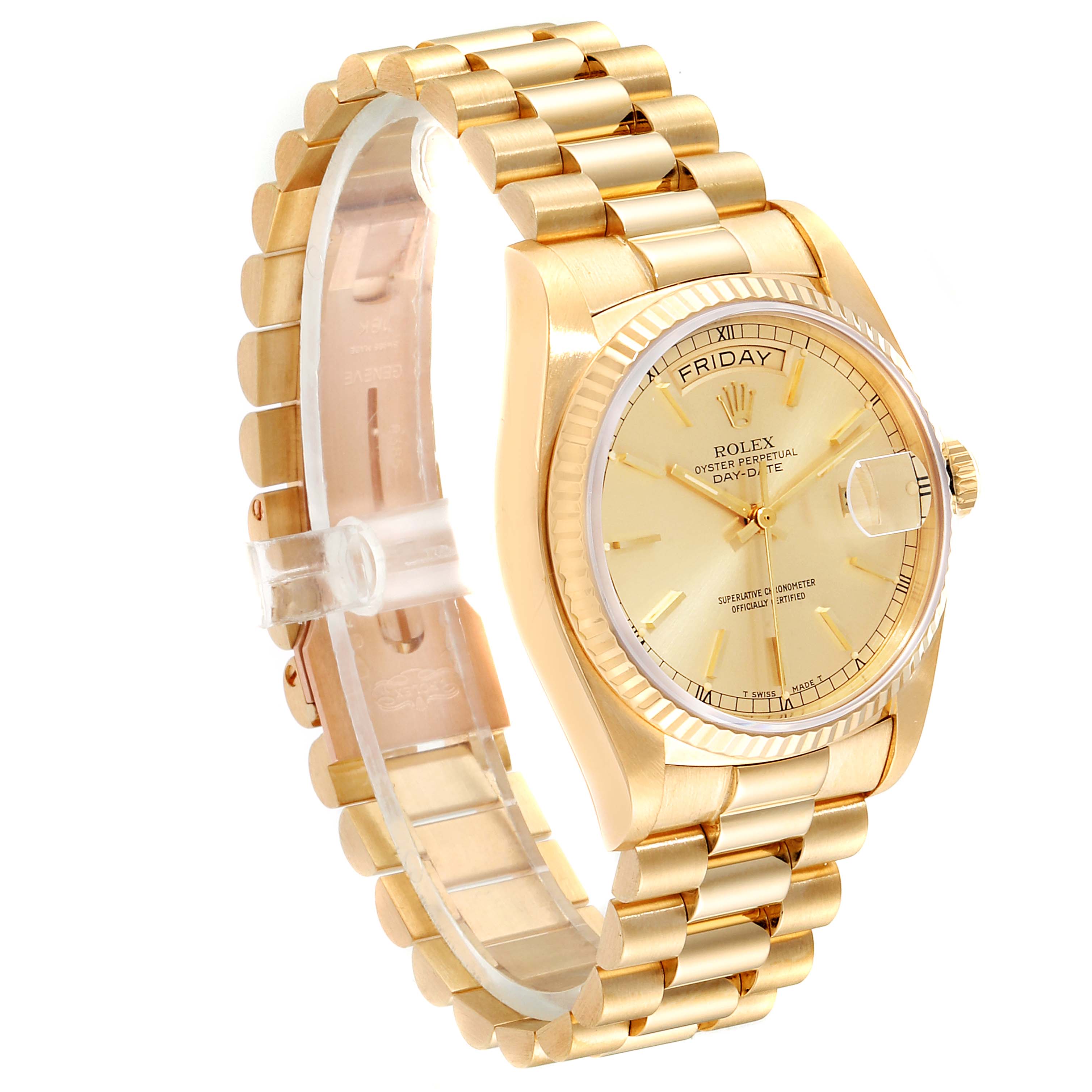 The image shows a side angle of a Rolex President 18038 Men's Yellow Gold Champagne Dial 18038 Men's Yellow Gold Champagne Dial model watch, displaying its gold bracelet, crown, dial, and part of the bezel.