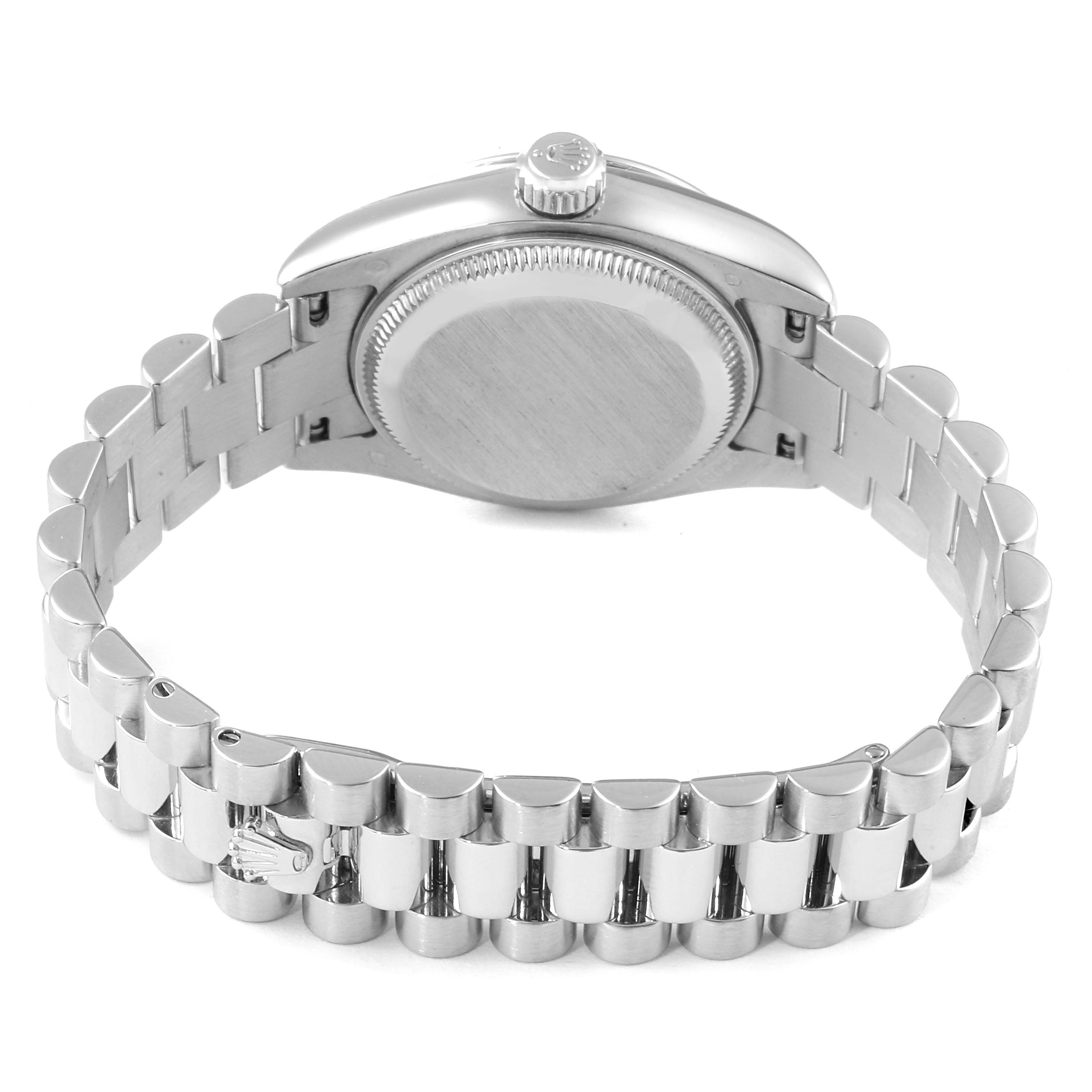 The image shows the back case and bracelet of a Rolex President 179166 Women's Platinum Silver Dial 179166 Women's Platinum Silver Dial model watch from a rear angle.