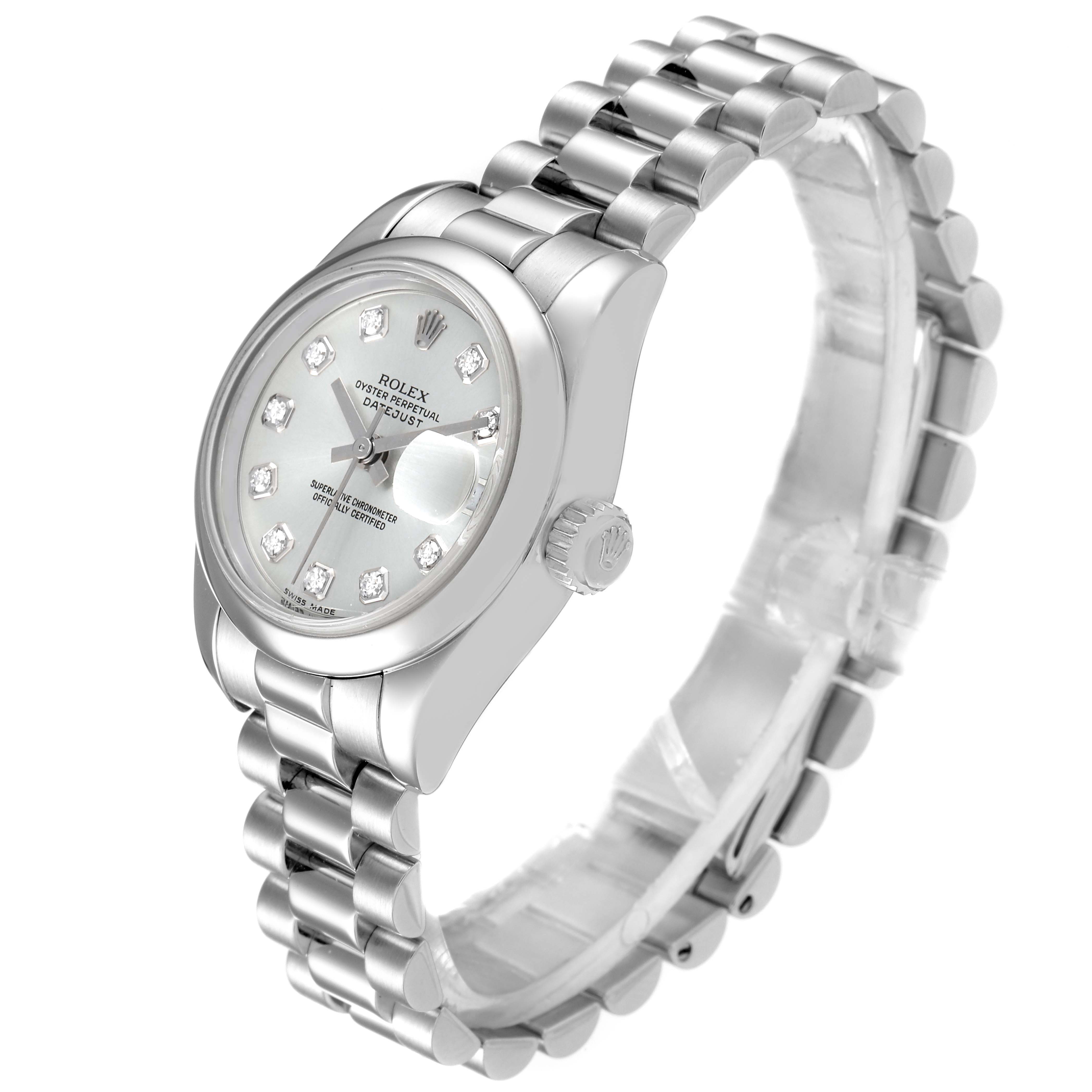 This image shows a side view of a Rolex President 179166 Women's Platinum Silver Dial 179166 Women's Platinum Silver Dial model watch featuring a metallic bracelet and a round face with diamond hour markers.