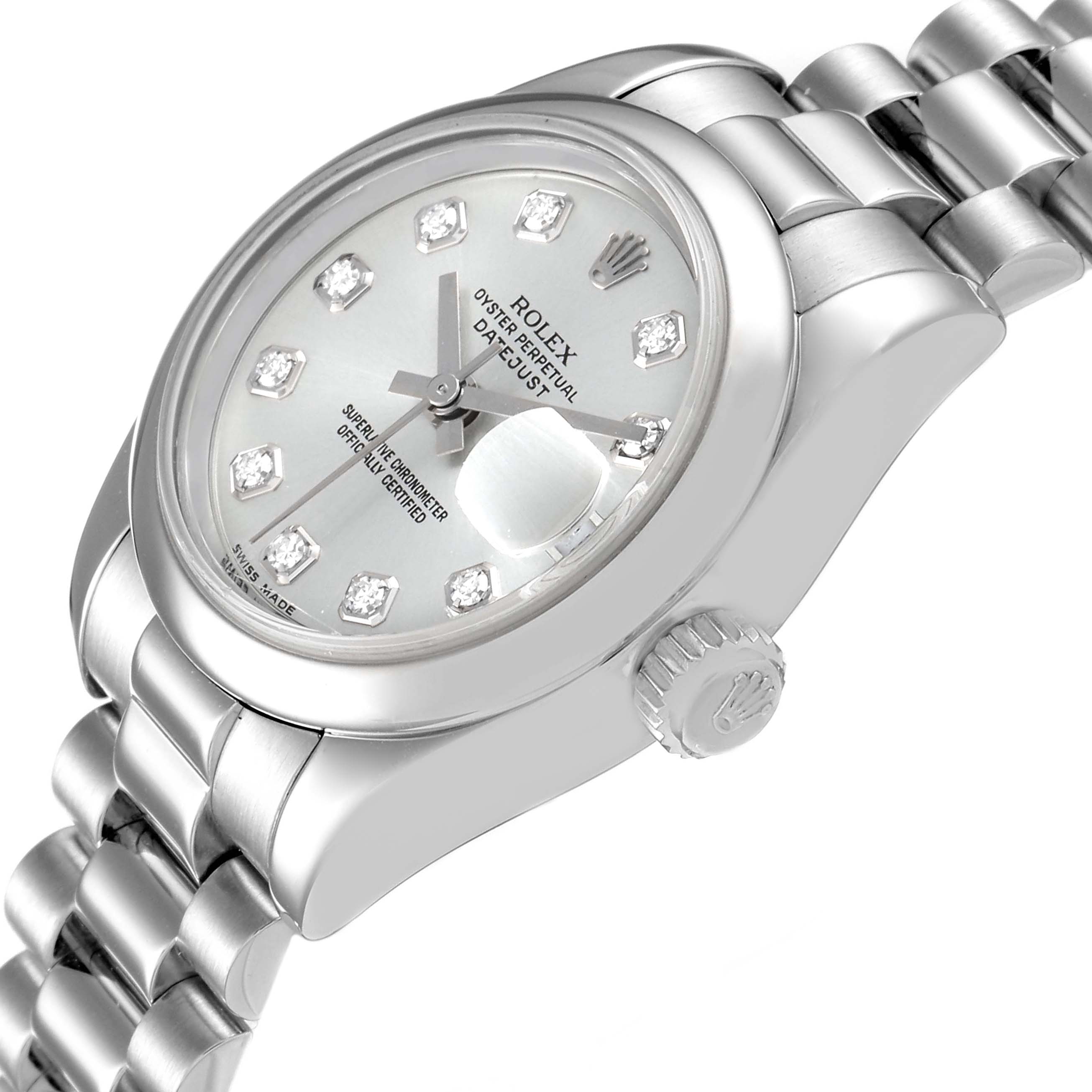 The Rolex President 179166 Women's Platinum Silver Dial 179166 Women's Platinum Silver Dial model watch is shown at a slight angle, highlighting its dial, bezel, crown, and part of the bracelet.