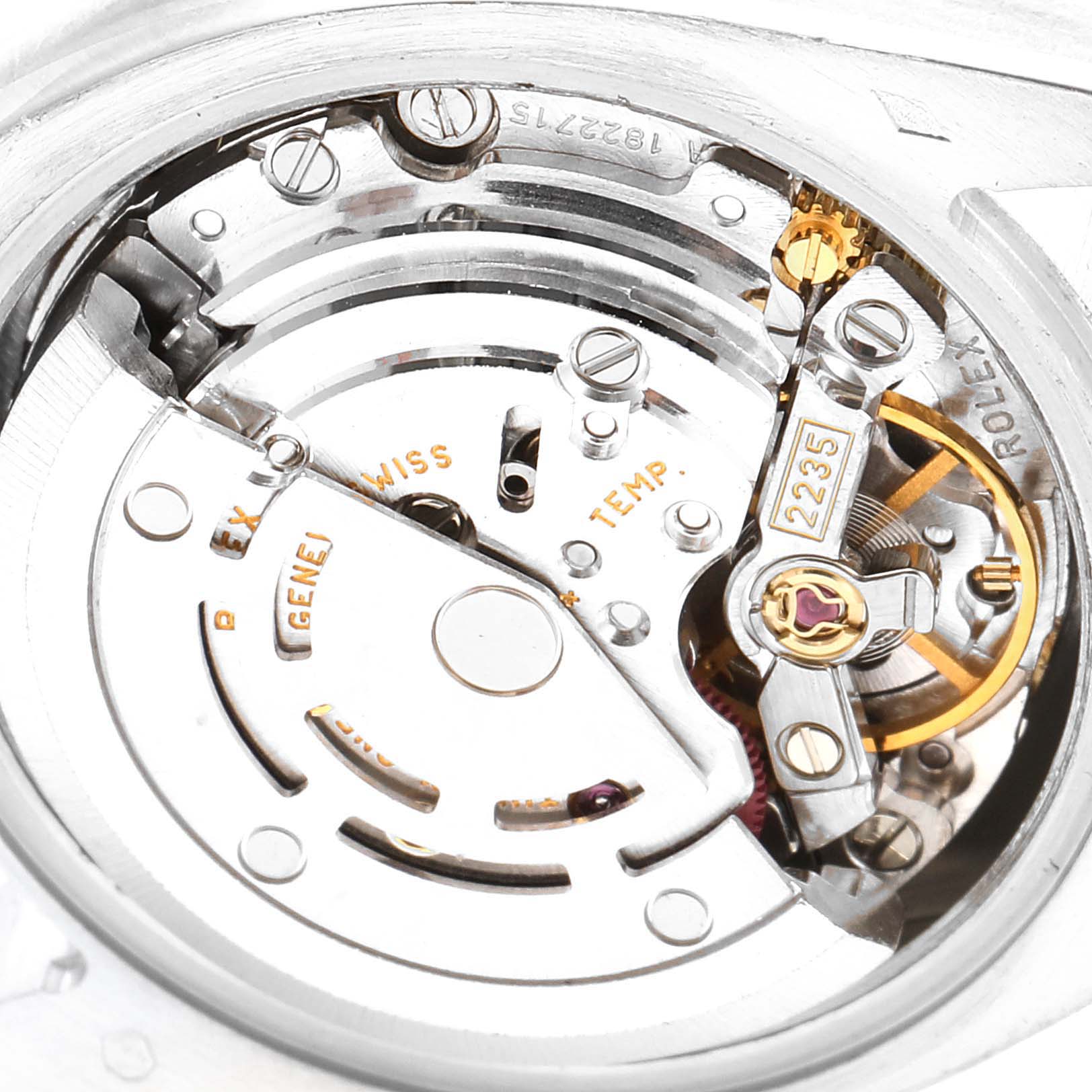 The image shows an up-close view of the internal movement mechanism of a Rolex President 179166 Women's Platinum Silver Dial 179166 Women's Platinum Silver Dial model watch.