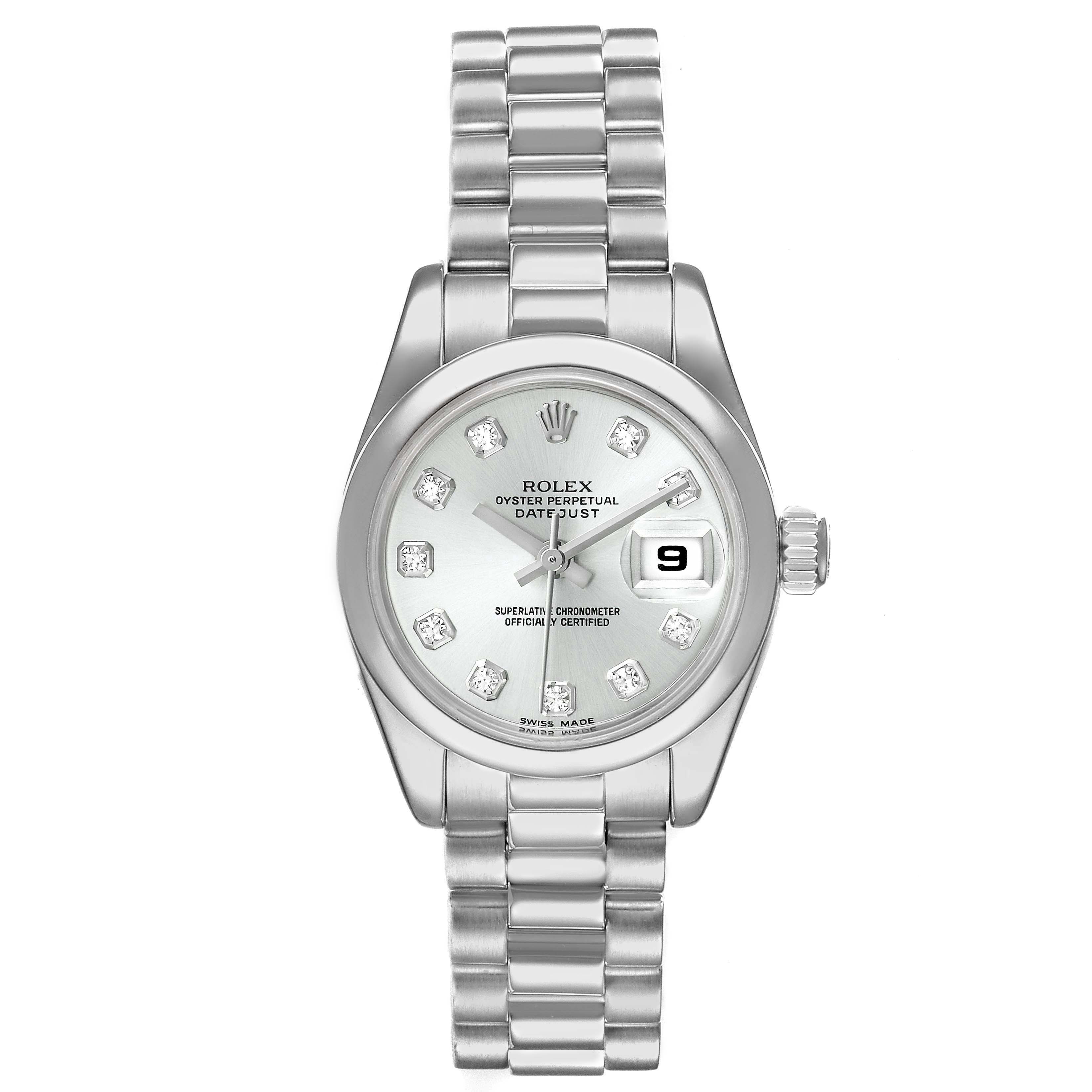 The image shows a frontal view of a Rolex President 179166 Women's Platinum Silver Dial 179166 Women's Platinum Silver Dial model watch, displaying the face, bracelet, and date window.