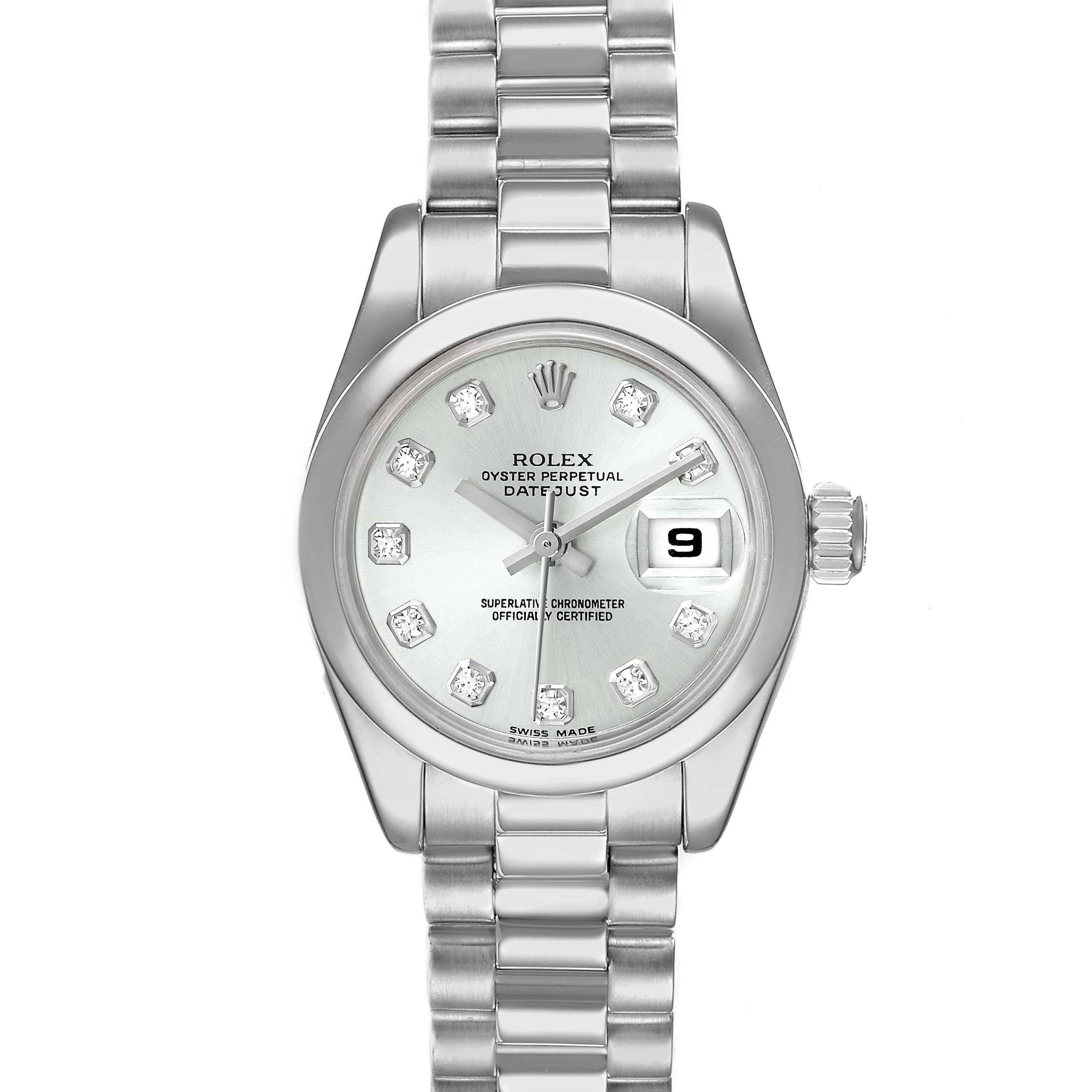 The image shows the front view of a Rolex President 179166 Women's Platinum Silver Dial 179166 Women's Platinum Silver Dial model watch, displaying its dial, bracelet, and crown.