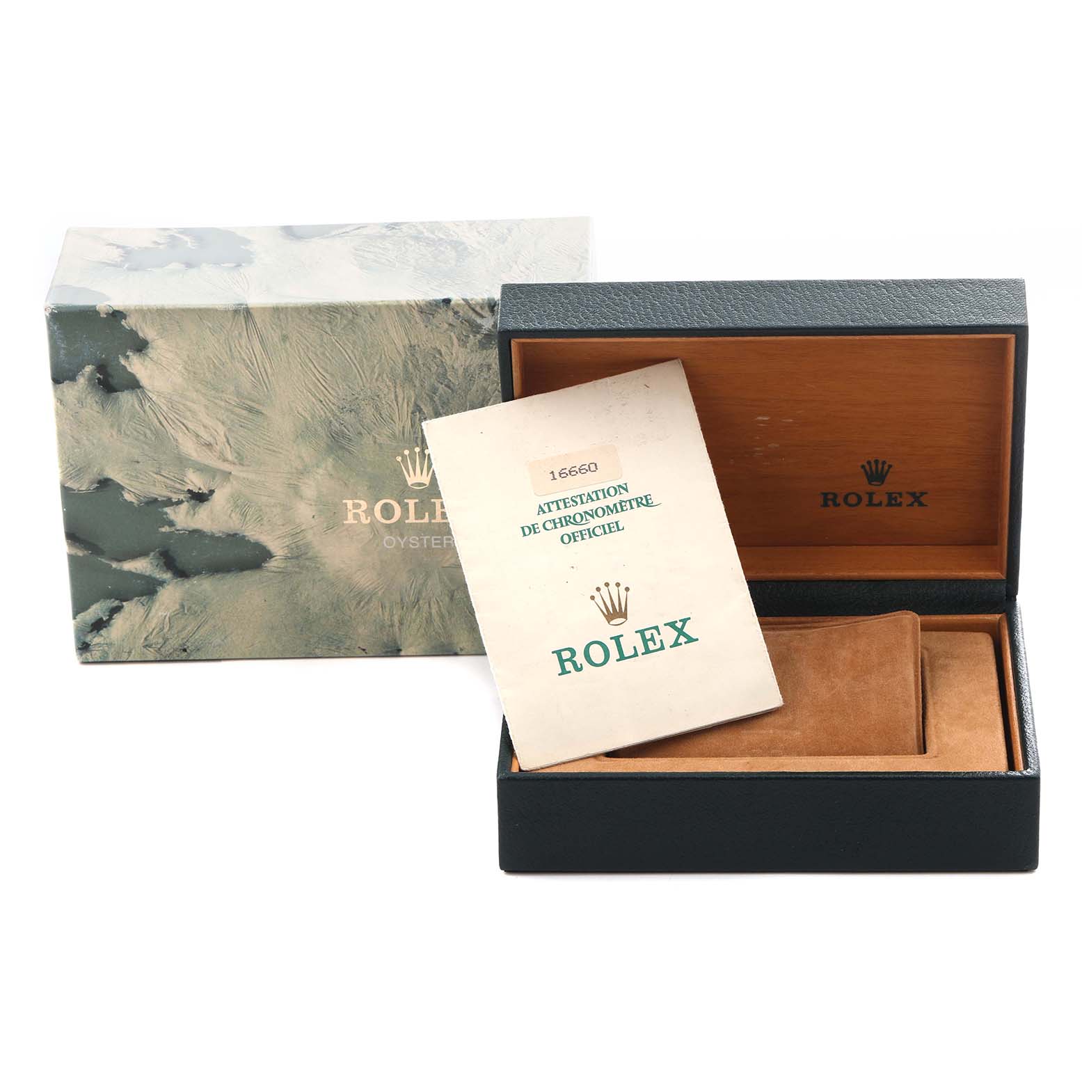 The image shows a Rolex Sea-Dweller 16660 Men
s Stainless Steel Black Dial 16660 Men
s Stainless Steel Black Dial watch box, outer box, and a booklet from an angled view.