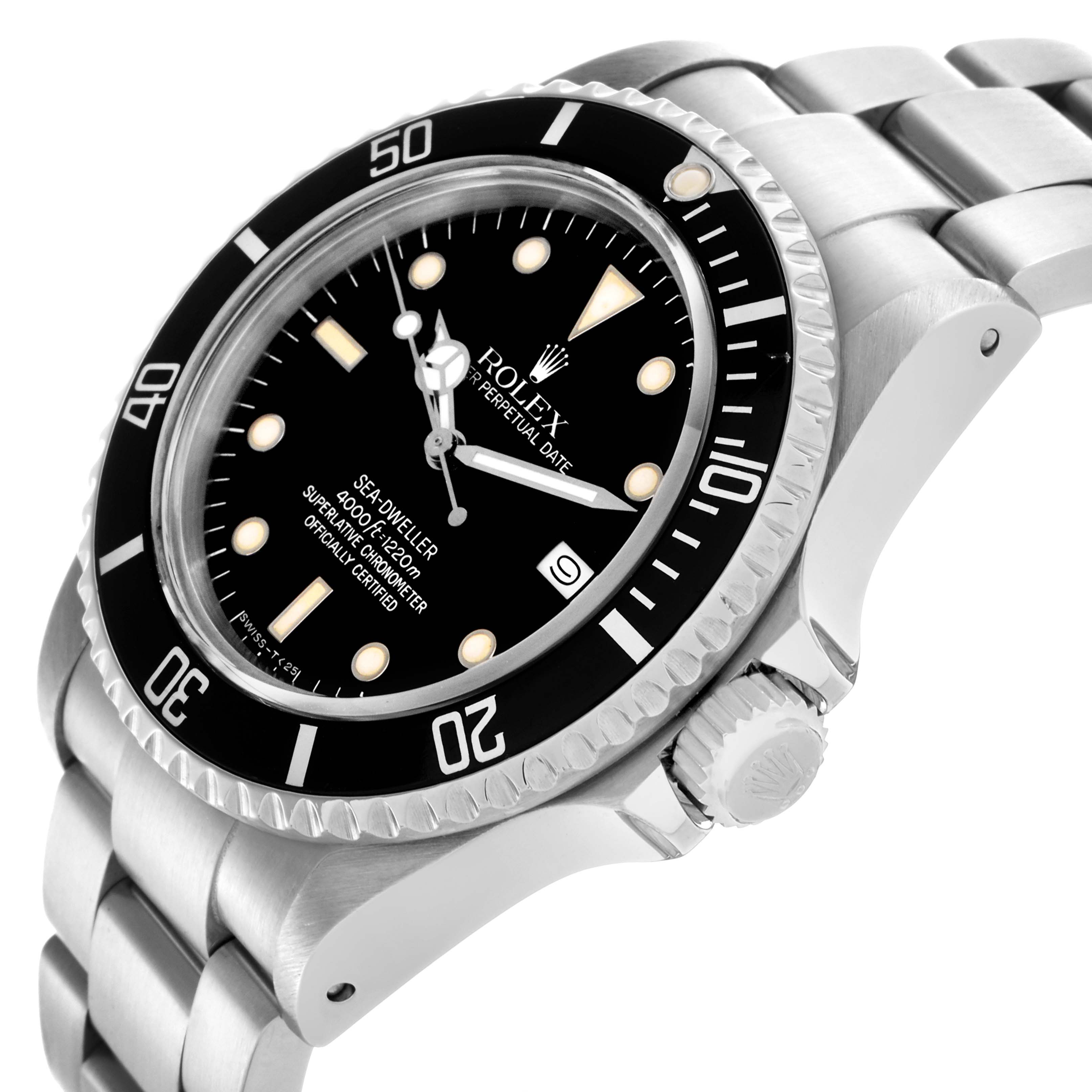 The Rolex Sea-Dweller 16660 Men
s Stainless Steel Black Dial 16660 Men
s Stainless Steel Black Dial watch is angled to show the face, bezel, crown, and part of the band.