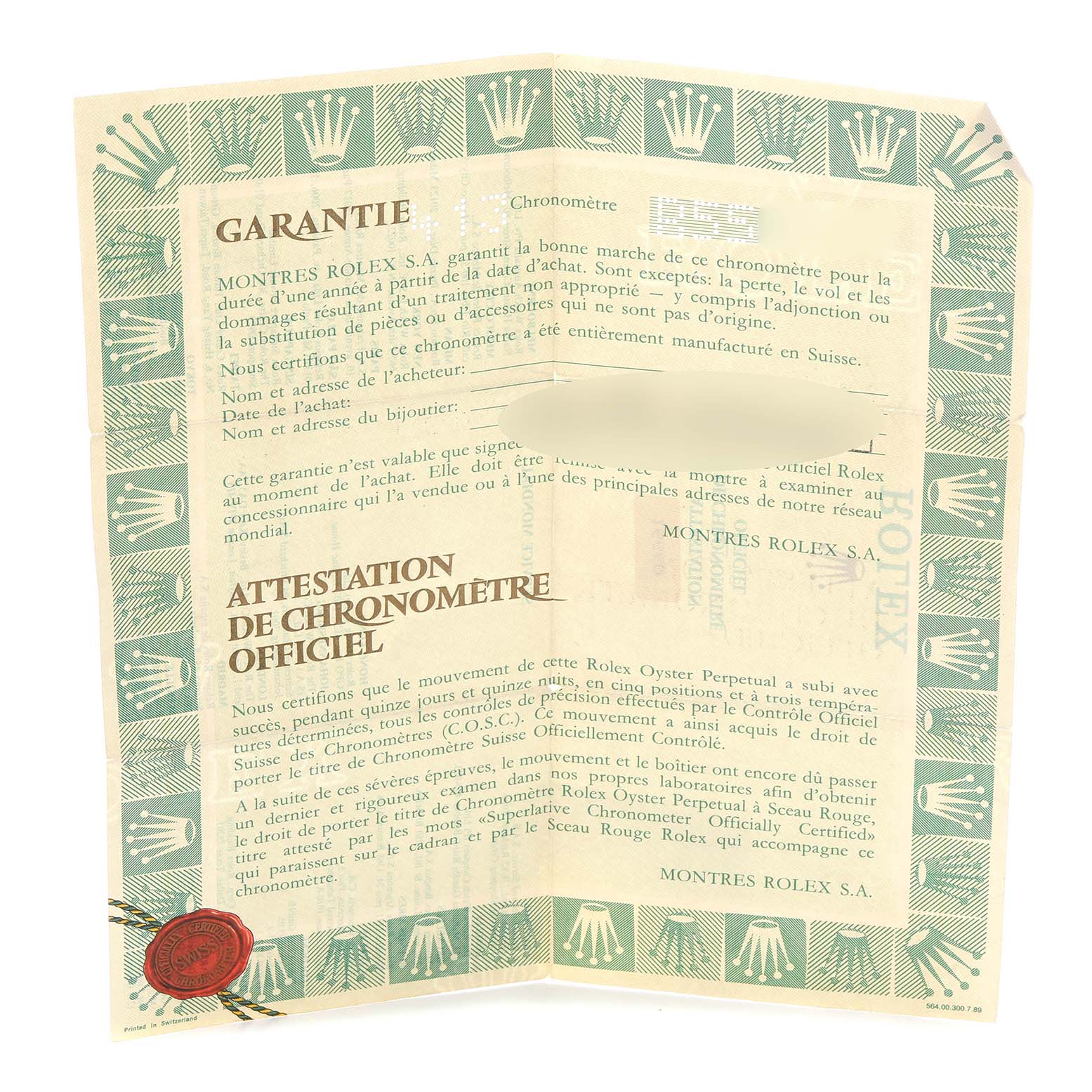 The image shows a Rolex Sea-Dweller 16660 Men
s Stainless Steel Black Dial 16660 Men
s Stainless Steel Black Dial guarantee certificate, including official chronometer attestation details.