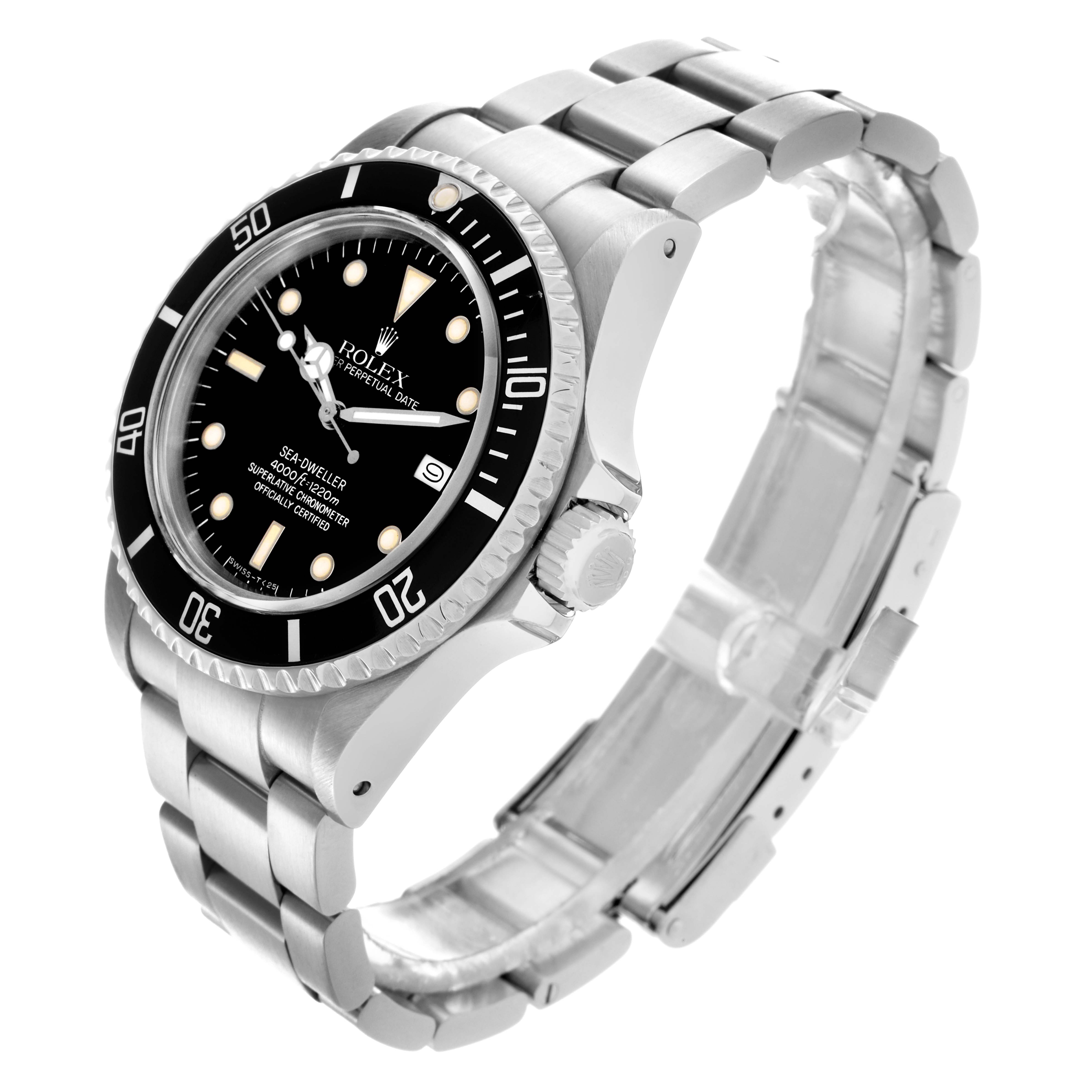 The Rolex Sea-Dweller 16660 Men
s Stainless Steel Black Dial 16660 Men
s Stainless Steel Black Dial watch is shown at a three-quarter angle, highlighting the face, bezel, crown, and bracelet.