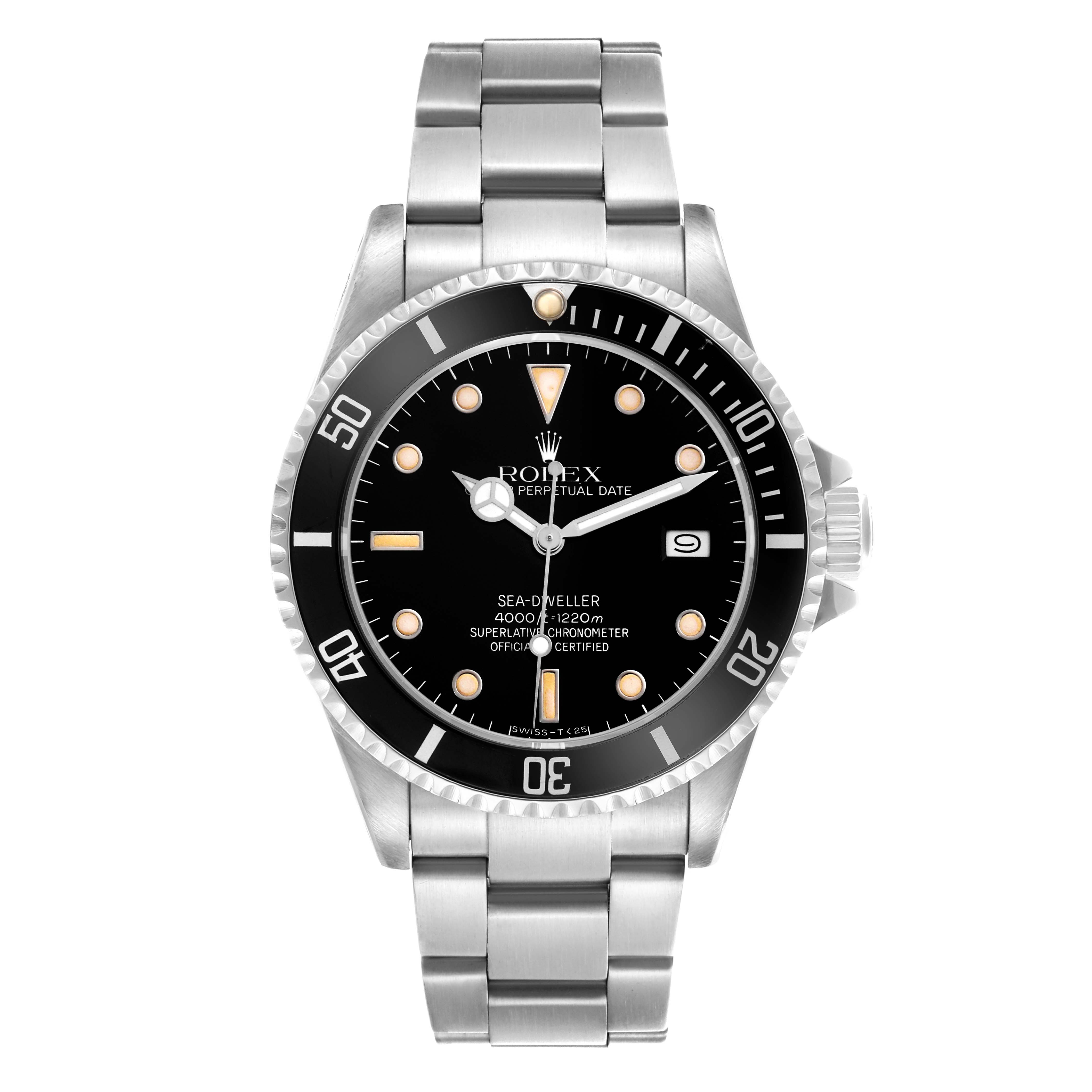 The Rolex Sea-Dweller 16660 Men
s Stainless Steel Black Dial 16660 Men
s Stainless Steel Black Dial watch is shown from the front, displaying the dial, bezel, case, and bracelet.