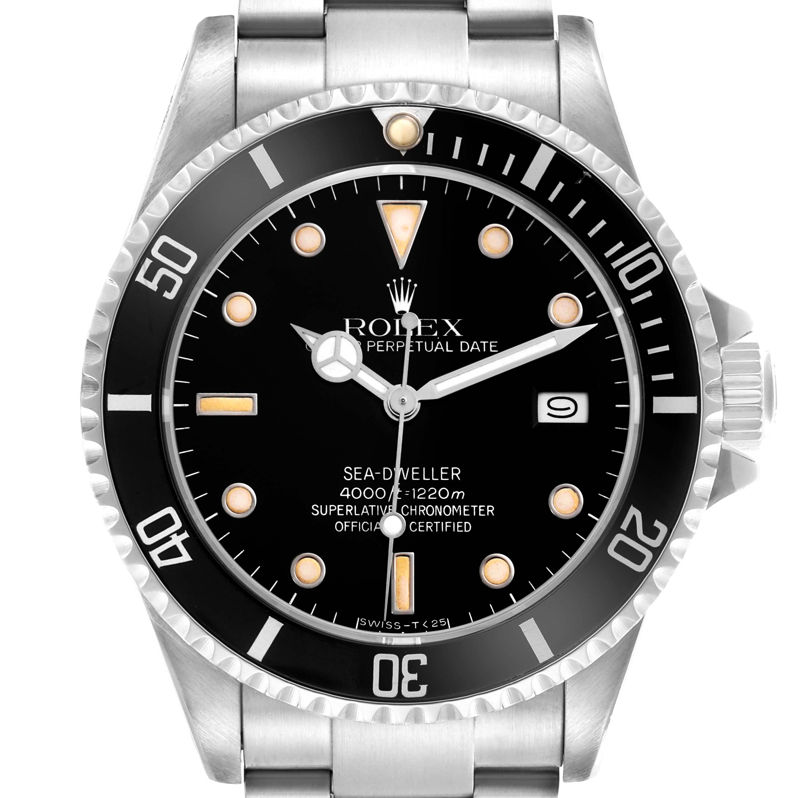 The Rolex Sea-Dweller 16660 Men
s Stainless Steel Black Dial 16660 Men
s Stainless Steel Black Dial watch is shown from the front, highlighting the dial, bezel, crown, and part of the bracelet.