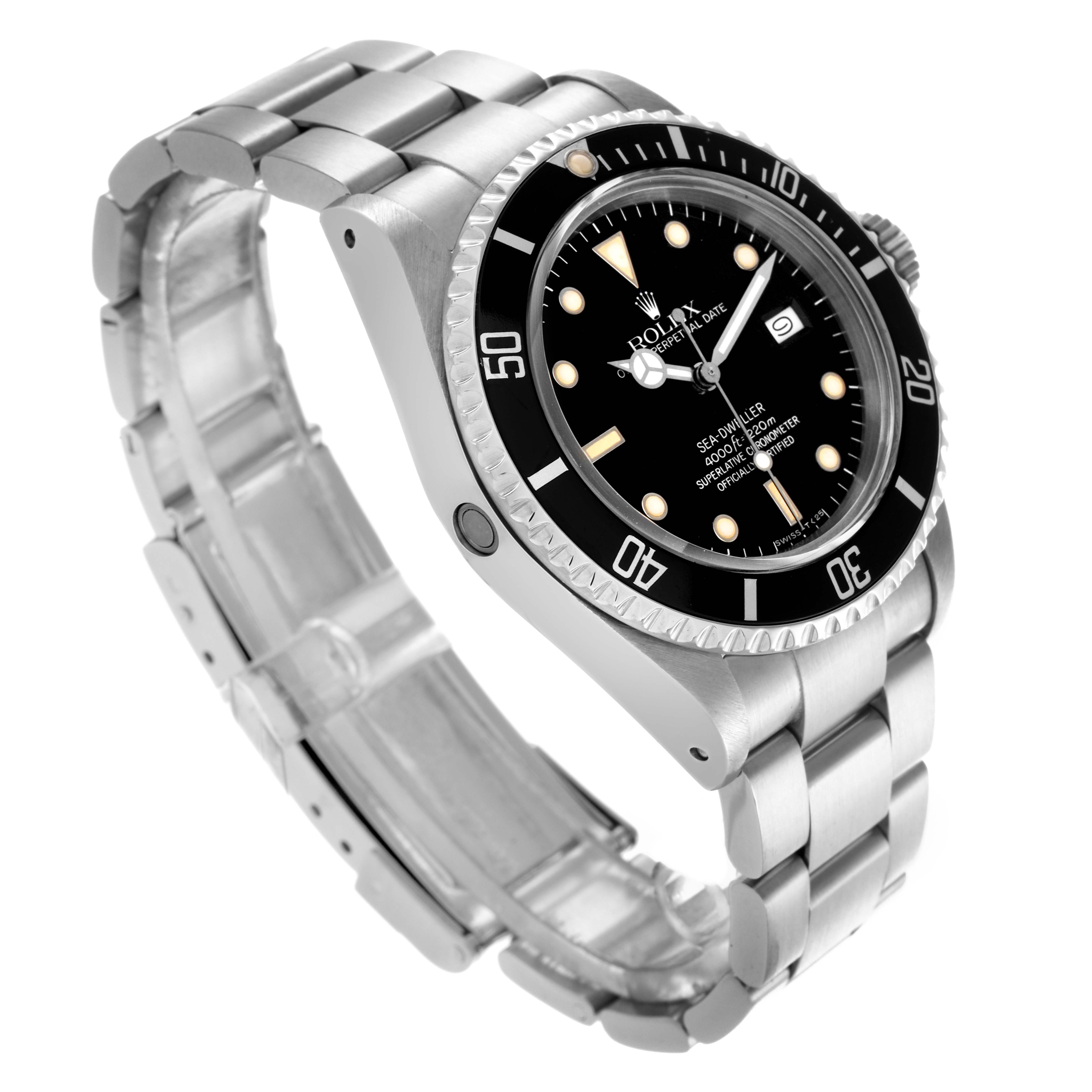 The Rolex Sea-Dweller 16660 Men
s Stainless Steel Black Dial 16660 Men
s Stainless Steel Black Dial watch is shown at a three-quarter angle, displaying its dial, bezel, and bracelet clearly.