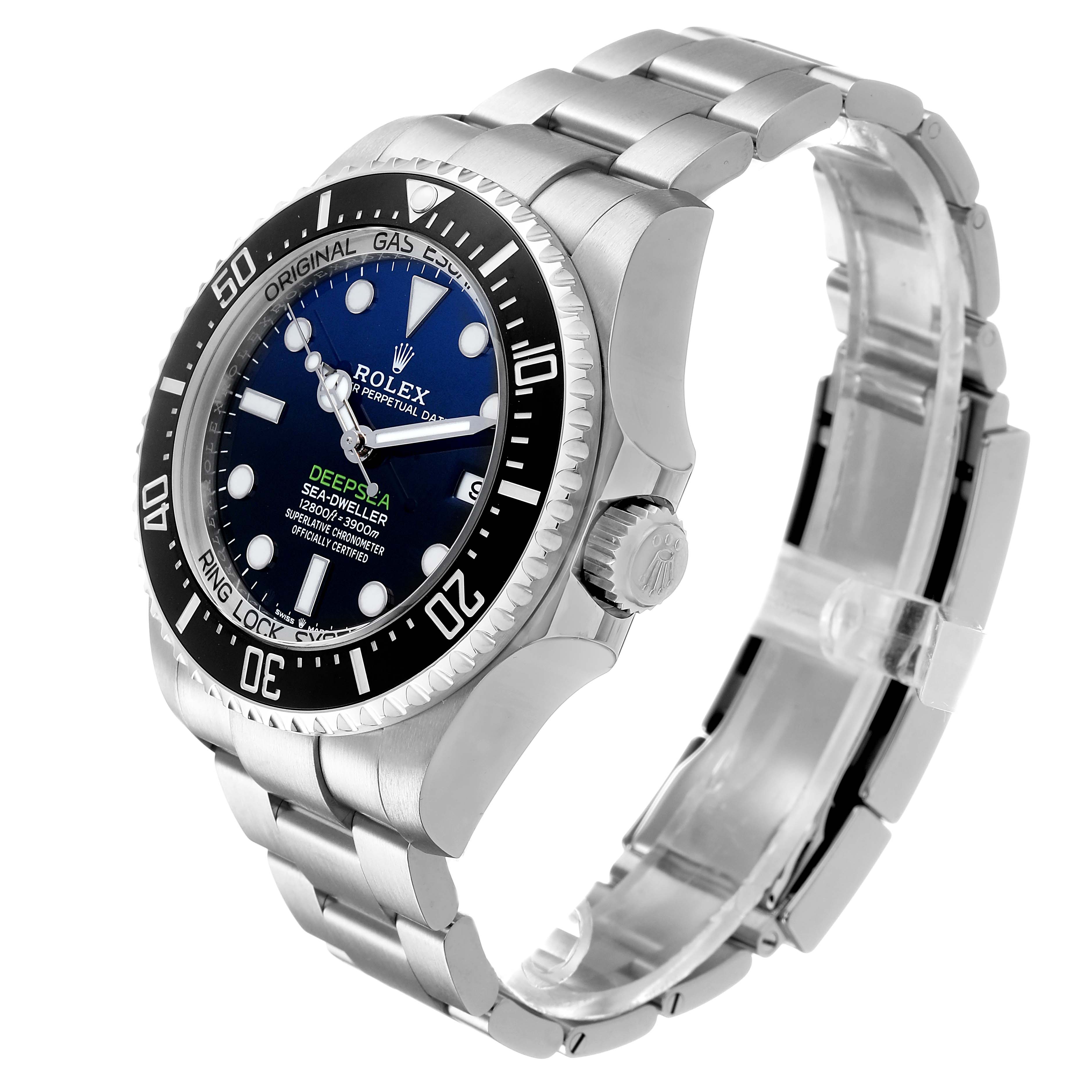 The Rolex Sea-Dweller 136660 Men's Stainless Steel Blue Dial is shown at a front angle, highlighting the dial, bezel, crown, and bracelet.
