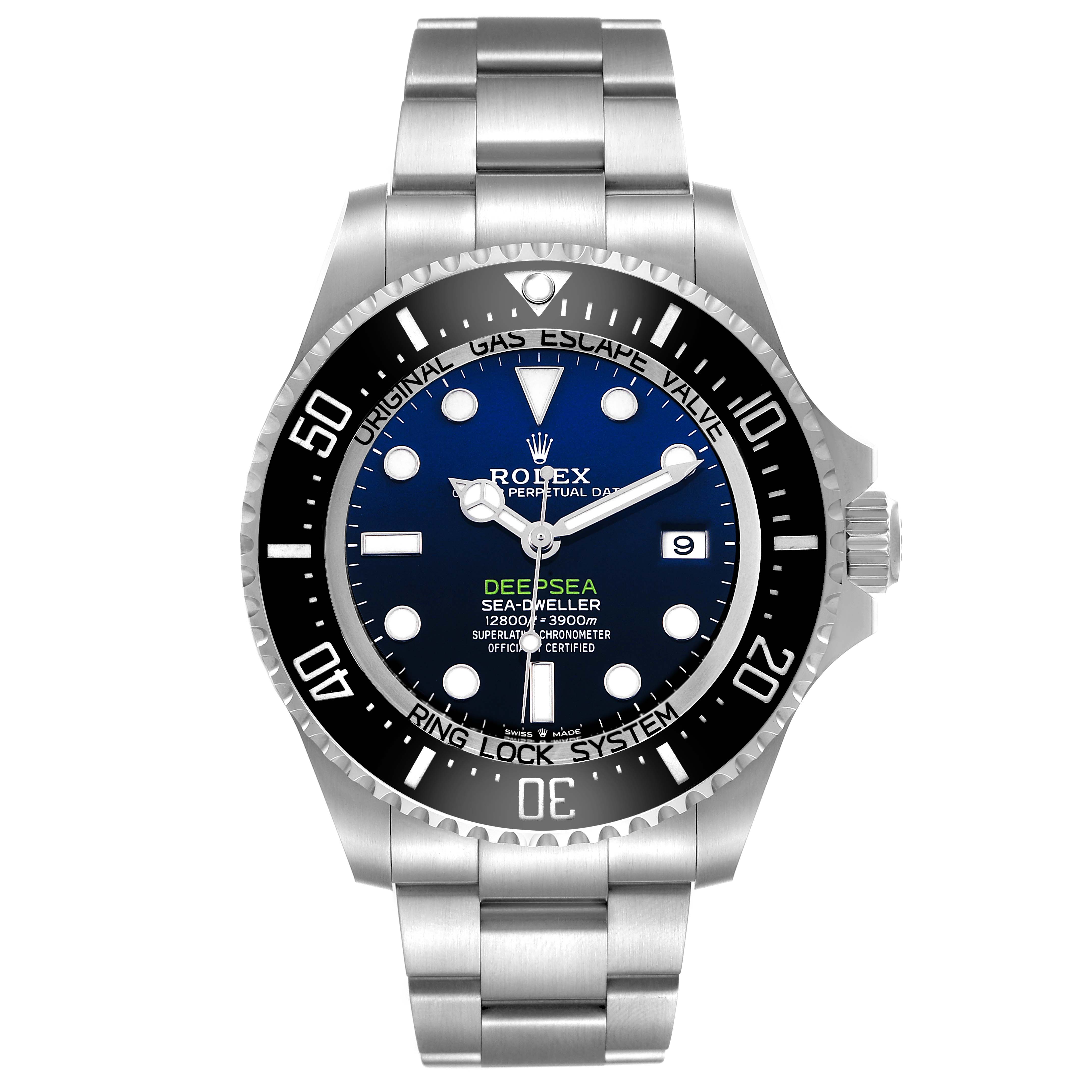The Rolex Sea-Dweller 136660 Men's Stainless Steel Blue Dial watch is shown from a front angle, displaying the face, bezel, and bracelet.