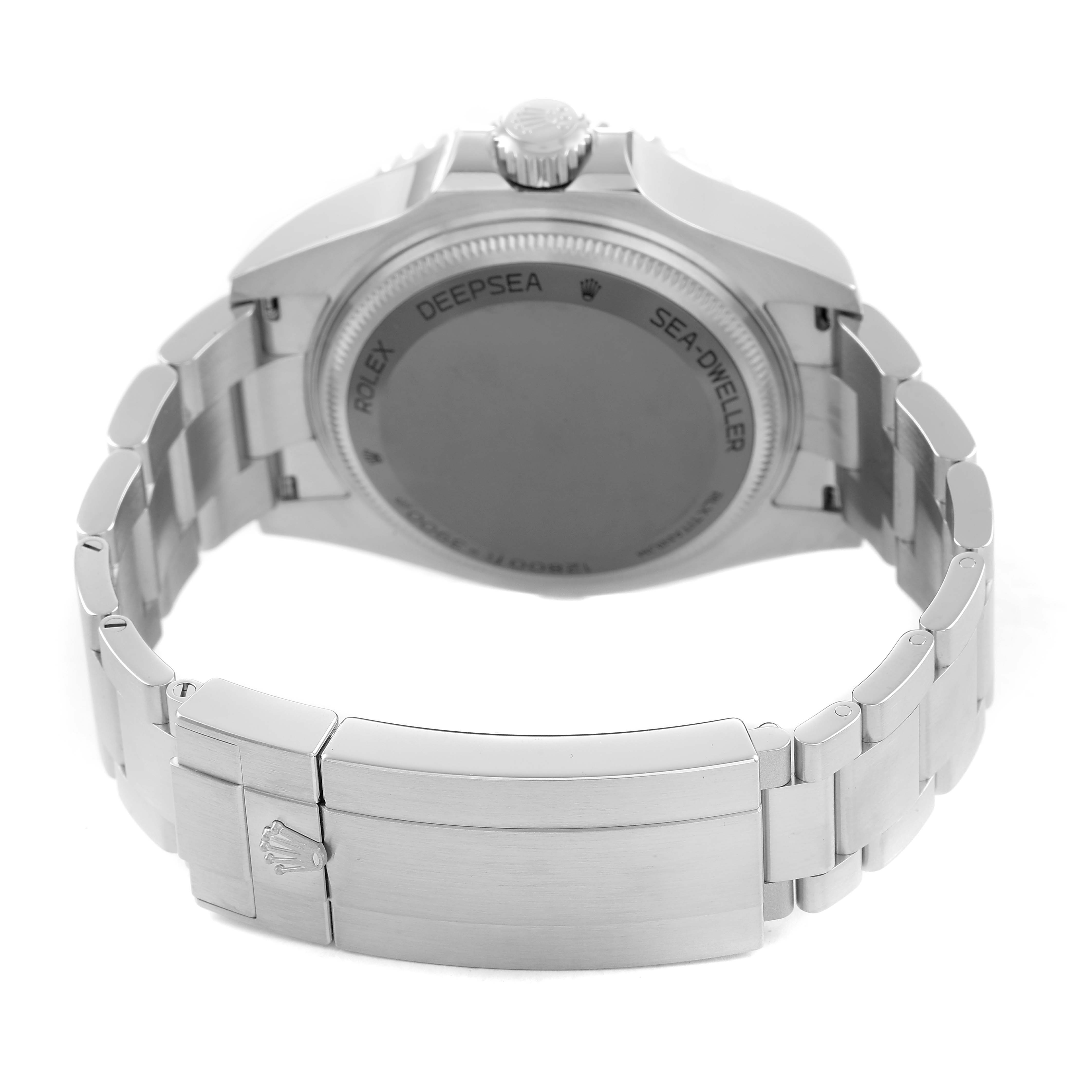 The image shows the back case and bracelet of a Rolex Sea-Dweller 136660 Men's Stainless Steel Blue Dial watch, showcasing the clasp and caseback details.