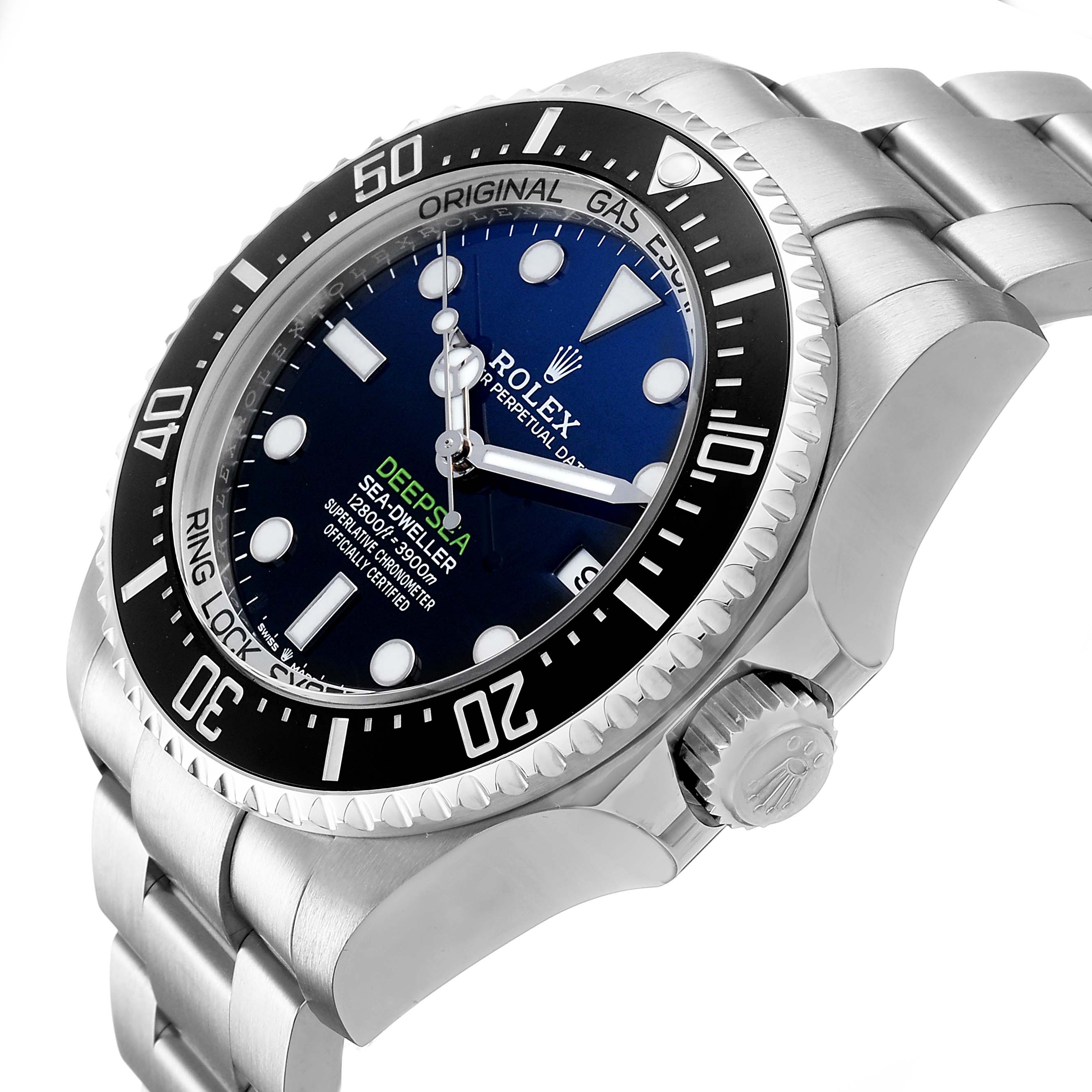 The Rolex Sea-Dweller 136660 Men's Stainless Steel Blue Dial watch is shown at an angled side view, highlighting the bezel, dial, crown, and bracelet.