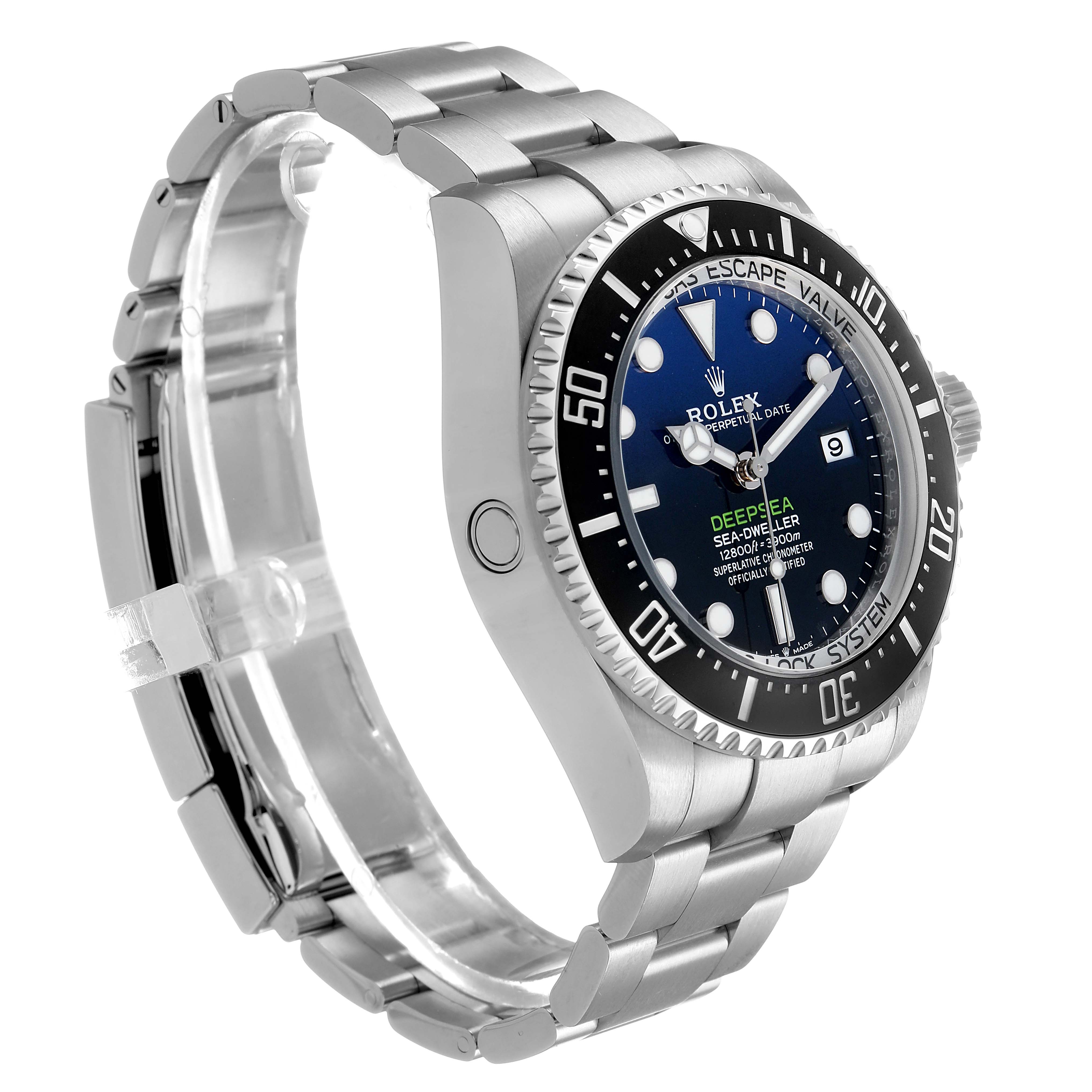The Rolex Sea-Dweller 136660 Men's Stainless Steel Blue Dial watch is shown at a three-quarter angle, highlighting the dial, bezel, crown, case, and bracelet.