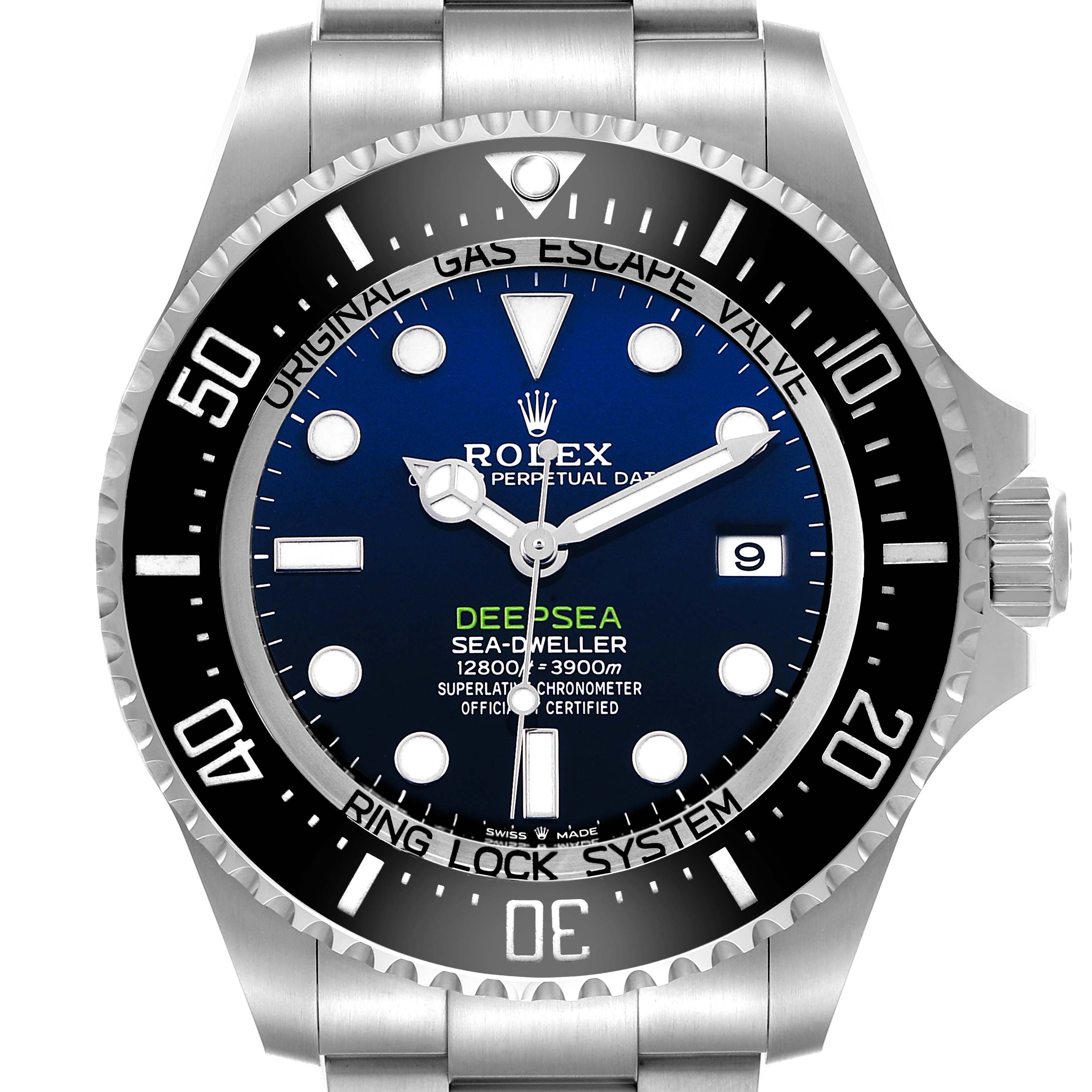 The Rolex Sea-Dweller 136660 Men's Stainless Steel Blue Dial watch is shown from a front view, displaying its dial, bezel, and partial bracelet.