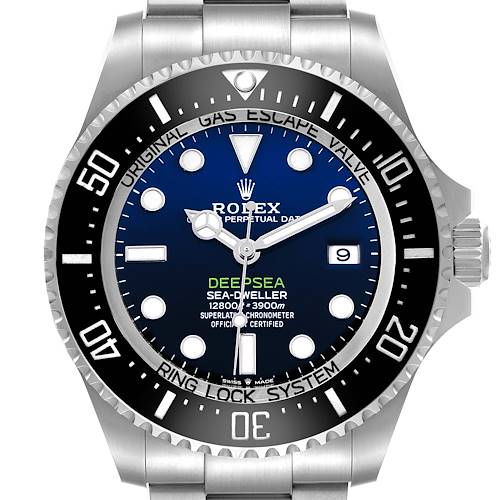 The image shows a frontal view of a Rolex Sea-Dweller 136660 Men's Stainless Steel Blue Dial watch, highlighting its dial, bezel, and bracelet.