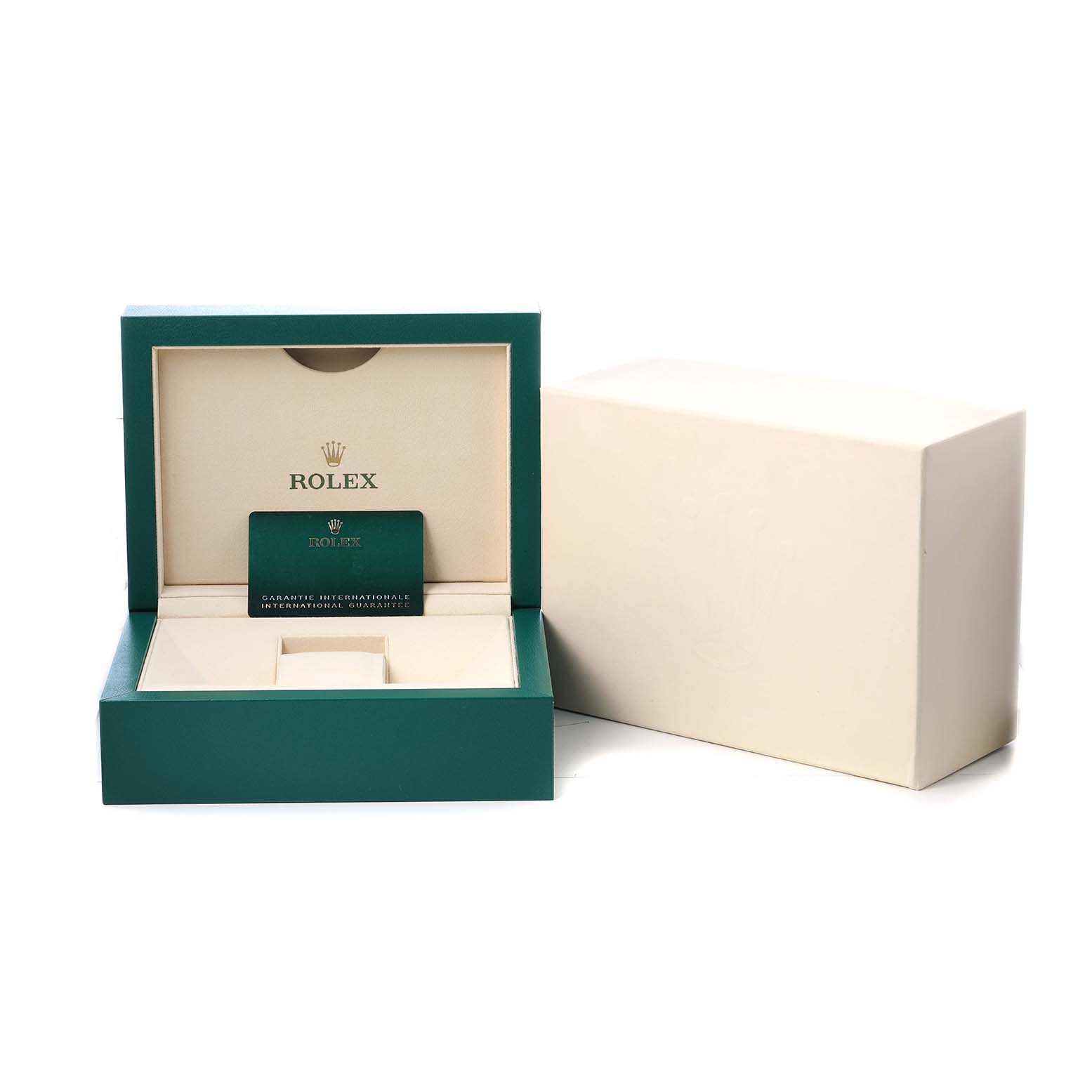 The image shows an open Rolex Sea-Dweller 136660 Men's Stainless Steel Blue Dial box with a warranty card, viewed from the front.