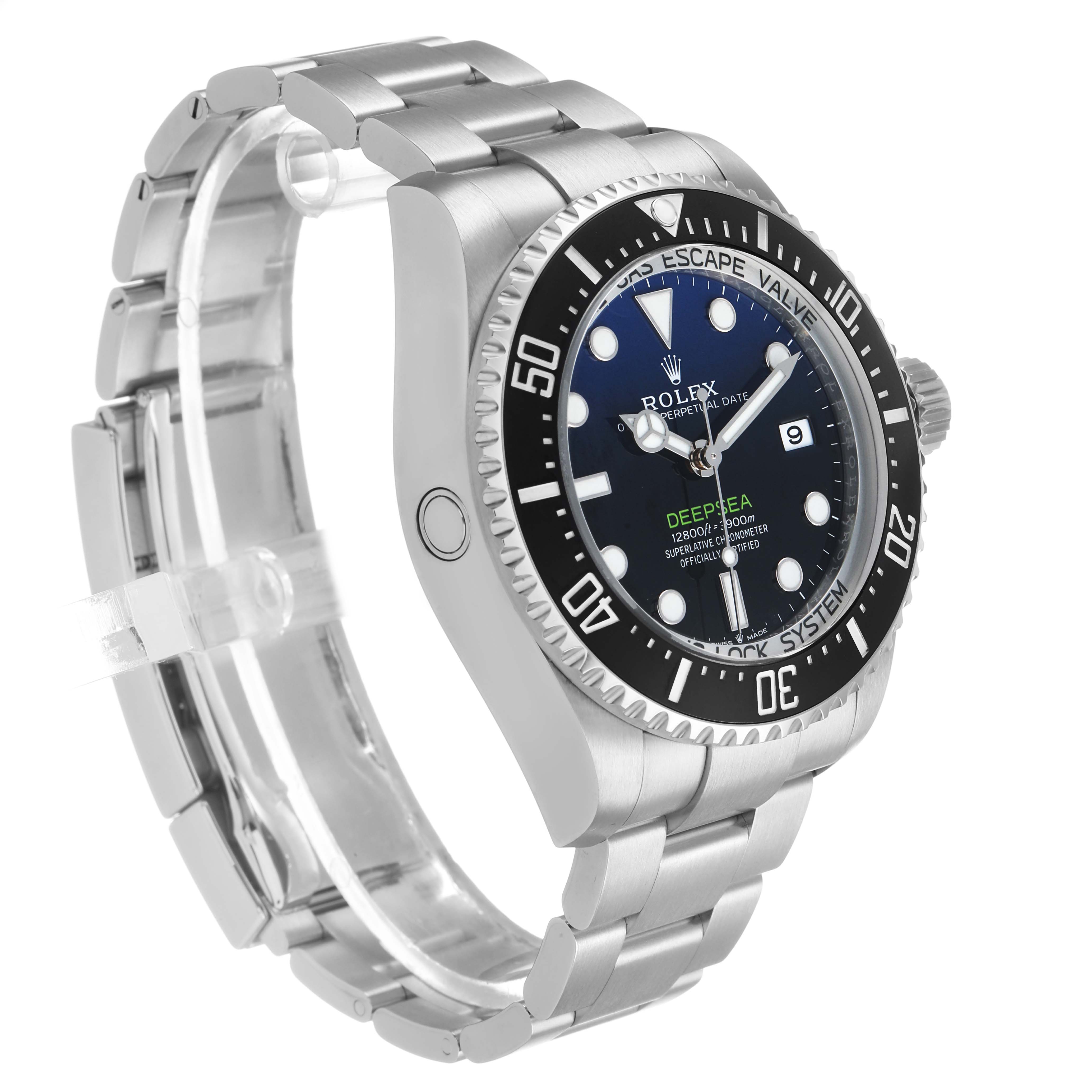 The Rolex Sea-Dweller 136660 Men's Stainless Steel Blue Dial watch is shown at a three-quarter angle, displaying the face, bezel, crown, and part of the bracelet.