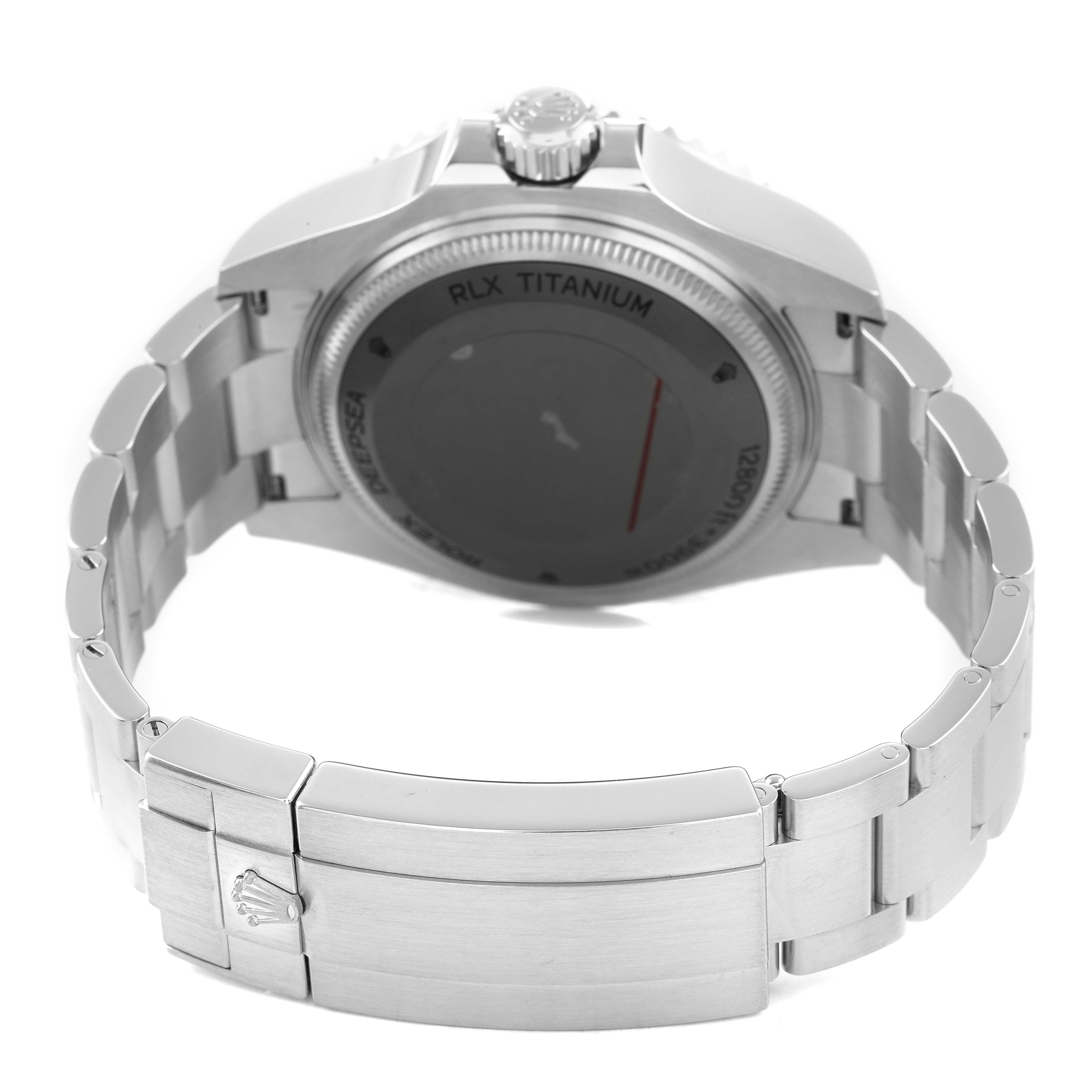 The image shows the back and bracelet of a Rolex Sea-Dweller 136660 Men's Stainless Steel Blue Dial watch, highlighting the clasp and case back.