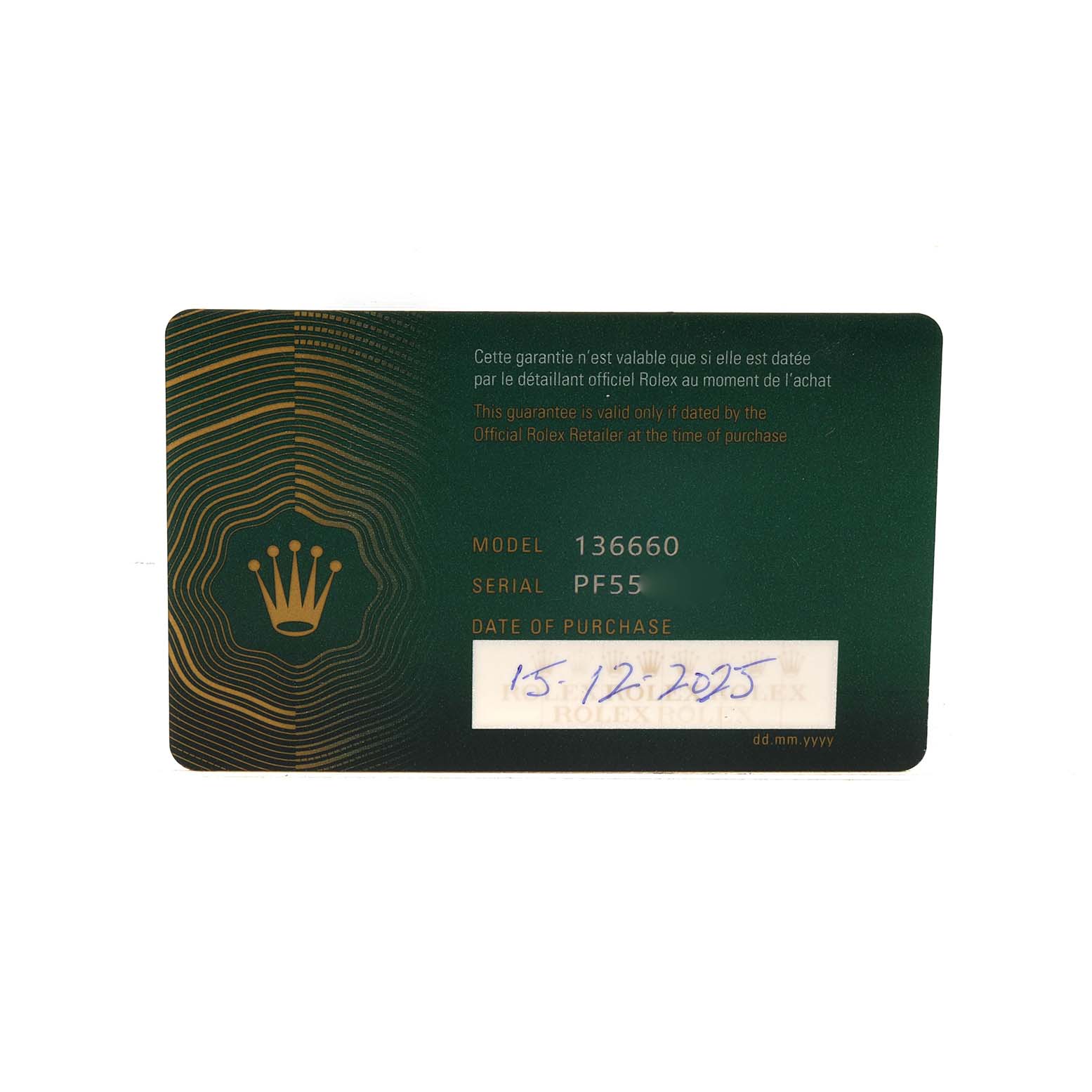 This image shows a guarantee card for a Rolex Sea-Dweller 136660 Men's Stainless Steel Blue Dial model, featuring model and serial numbers.