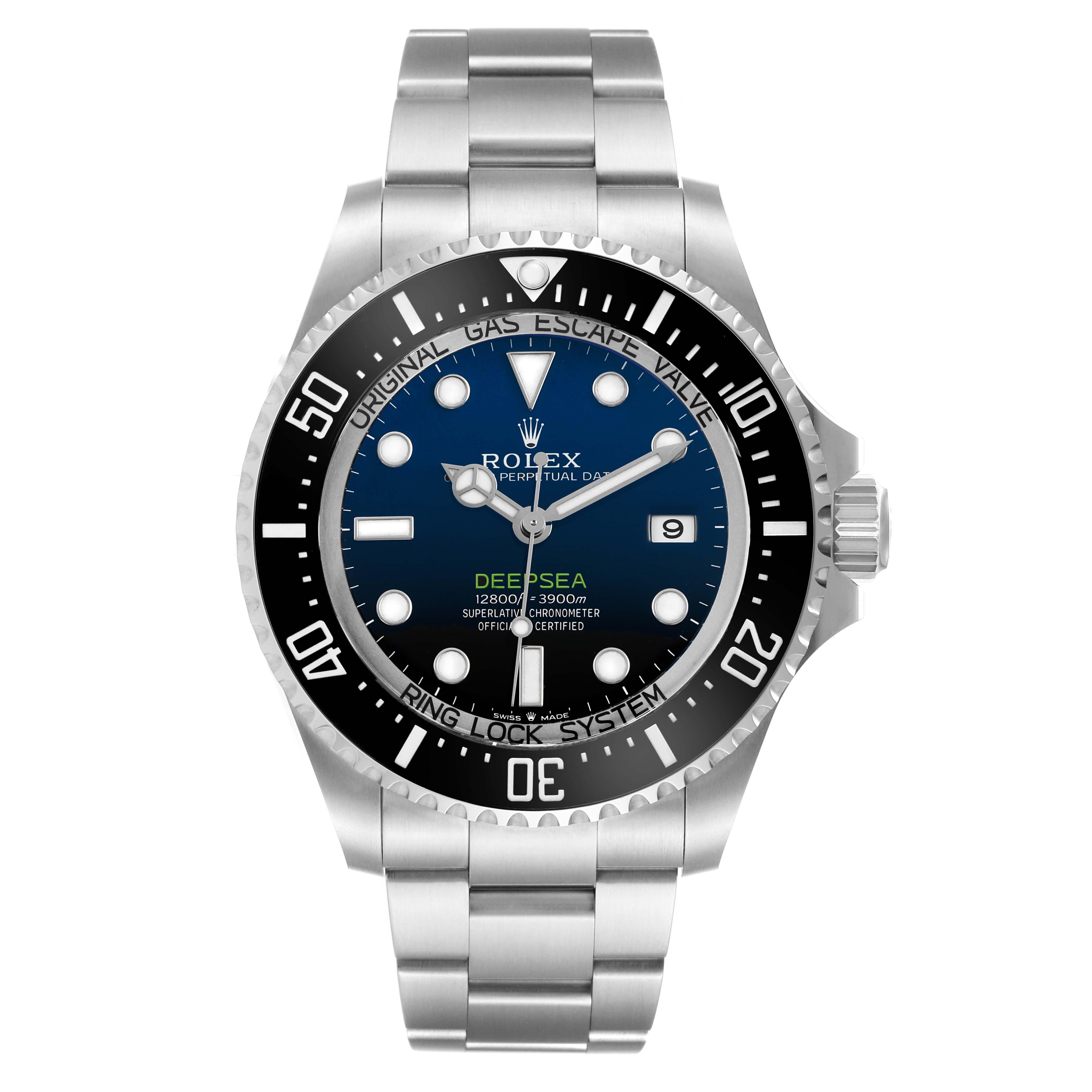 The image shows a frontal view of the Rolex Sea-Dweller 136660 Men's Stainless Steel Blue Dial watch, highlighting its dial, bezel, bracelet, and crown.