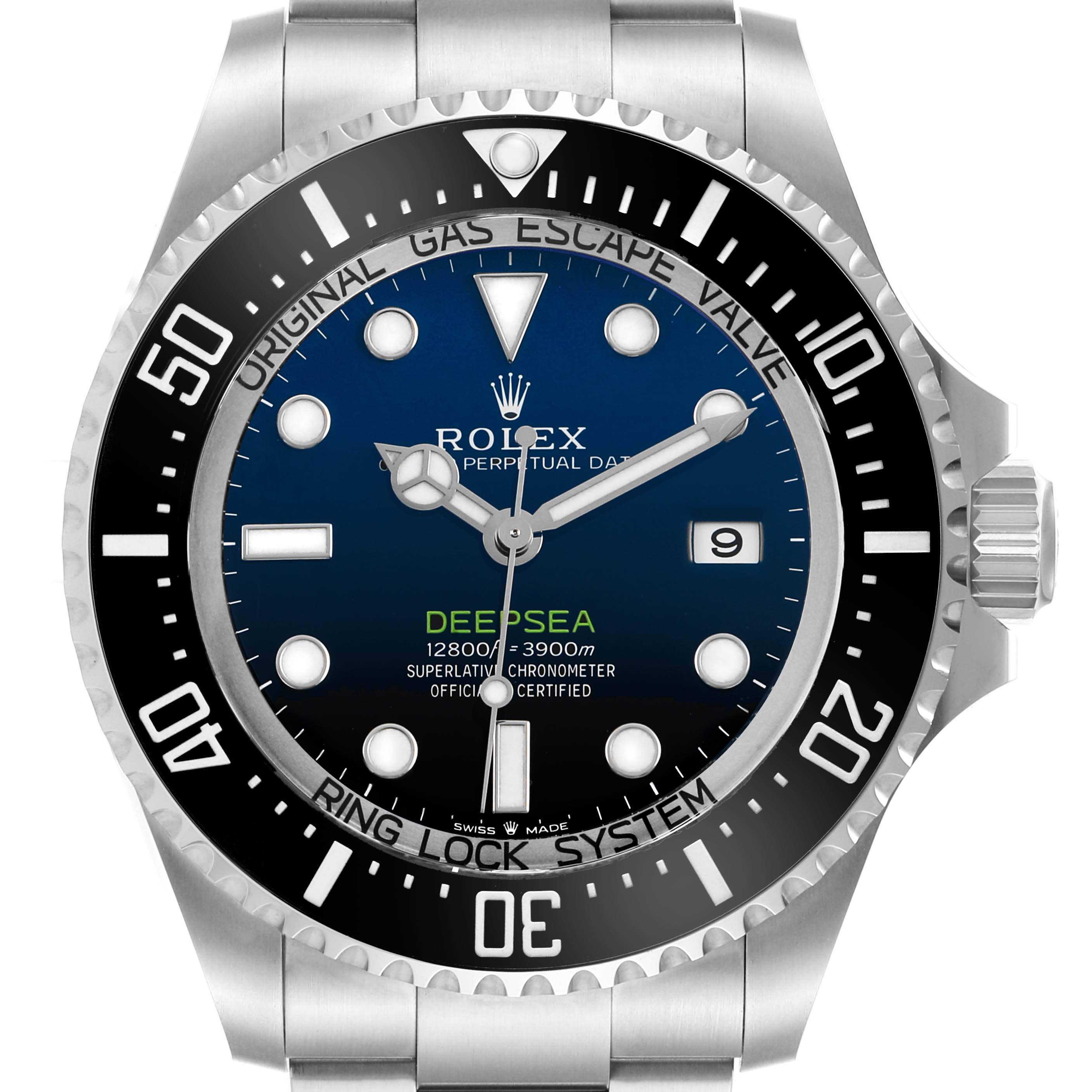 The Rolex Sea-Dweller 136660 Men's Stainless Steel Blue Dial watch is shown from the front, highlighting the dial, bezel, indices, hands, and date window.
