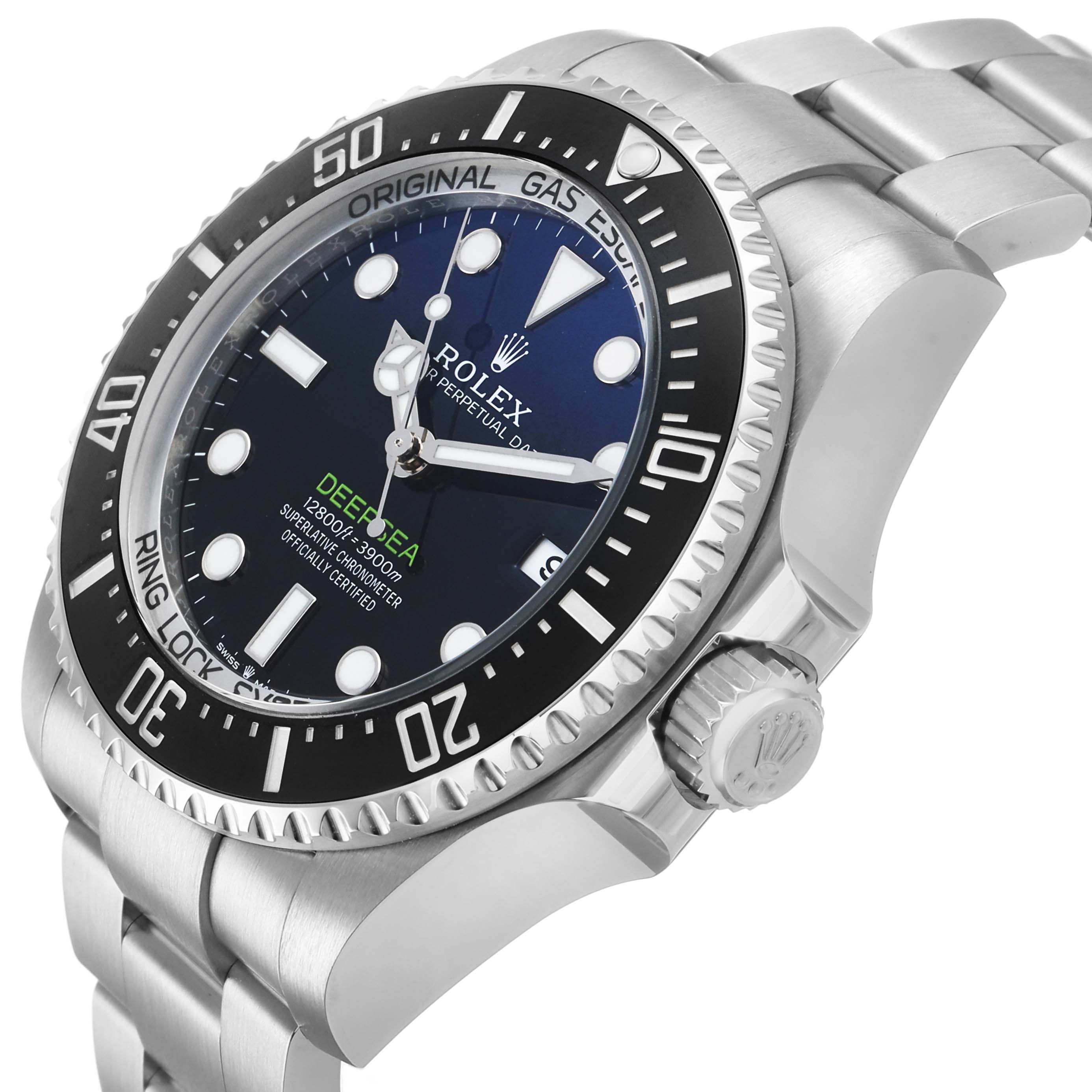 The Rolex Sea-Dweller 136660 Men's Stainless Steel Blue Dial watch is shown at an angled side view, highlighting the bezel, crown, and part of the bracelet.