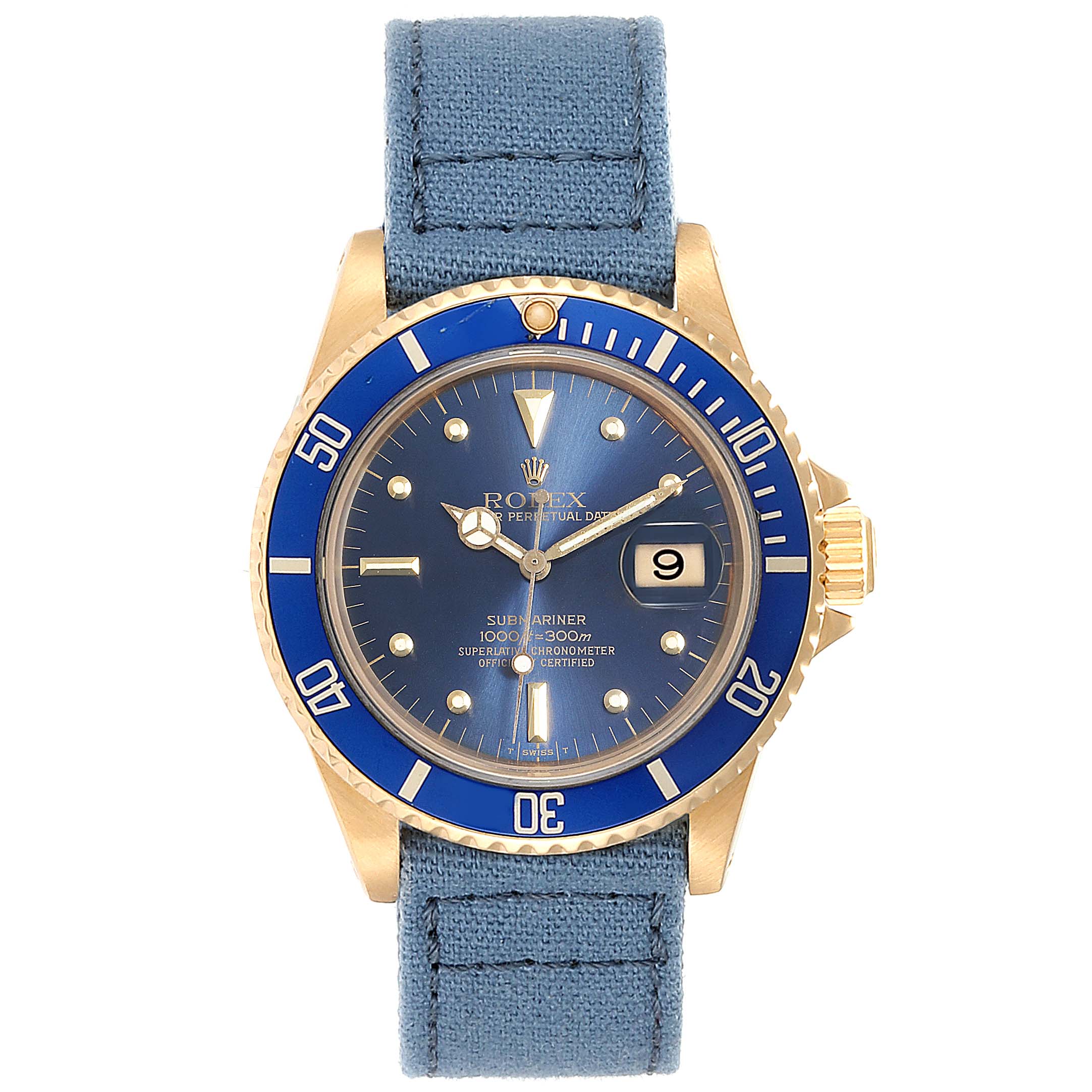 The image shows a front view of a Rolex Submariner 16808 Men
s Yellow Gold Blue Dial 16808 Men
s Yellow Gold Blue Dial watch with a blue dial, blue bezel, and blue fabric strap.