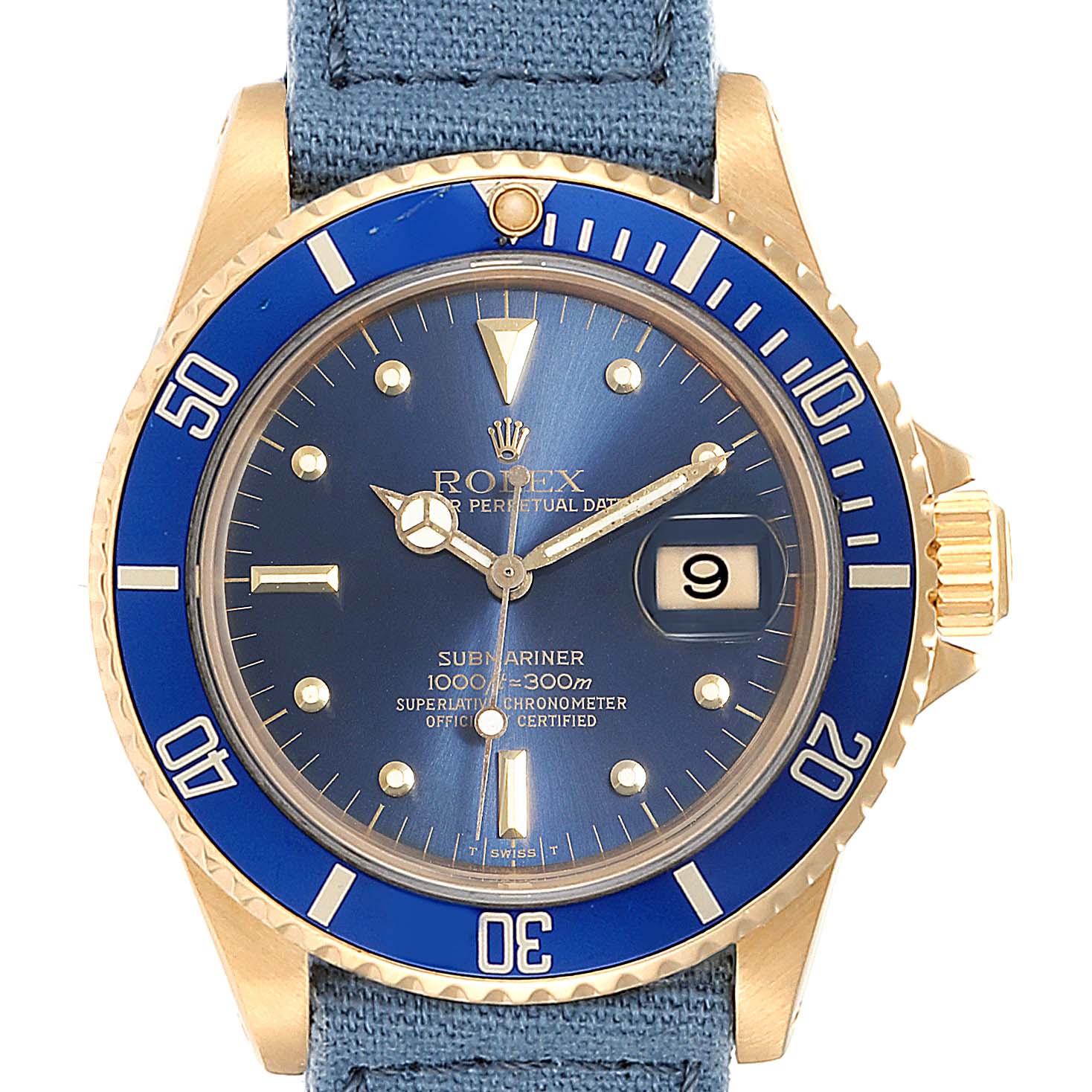 This image shows the face, bezel, and part of the strap of a Rolex Submariner 16808 Men
s Yellow Gold Blue Dial 16808 Men
s Yellow Gold Blue Dial watch, angled front-on.
