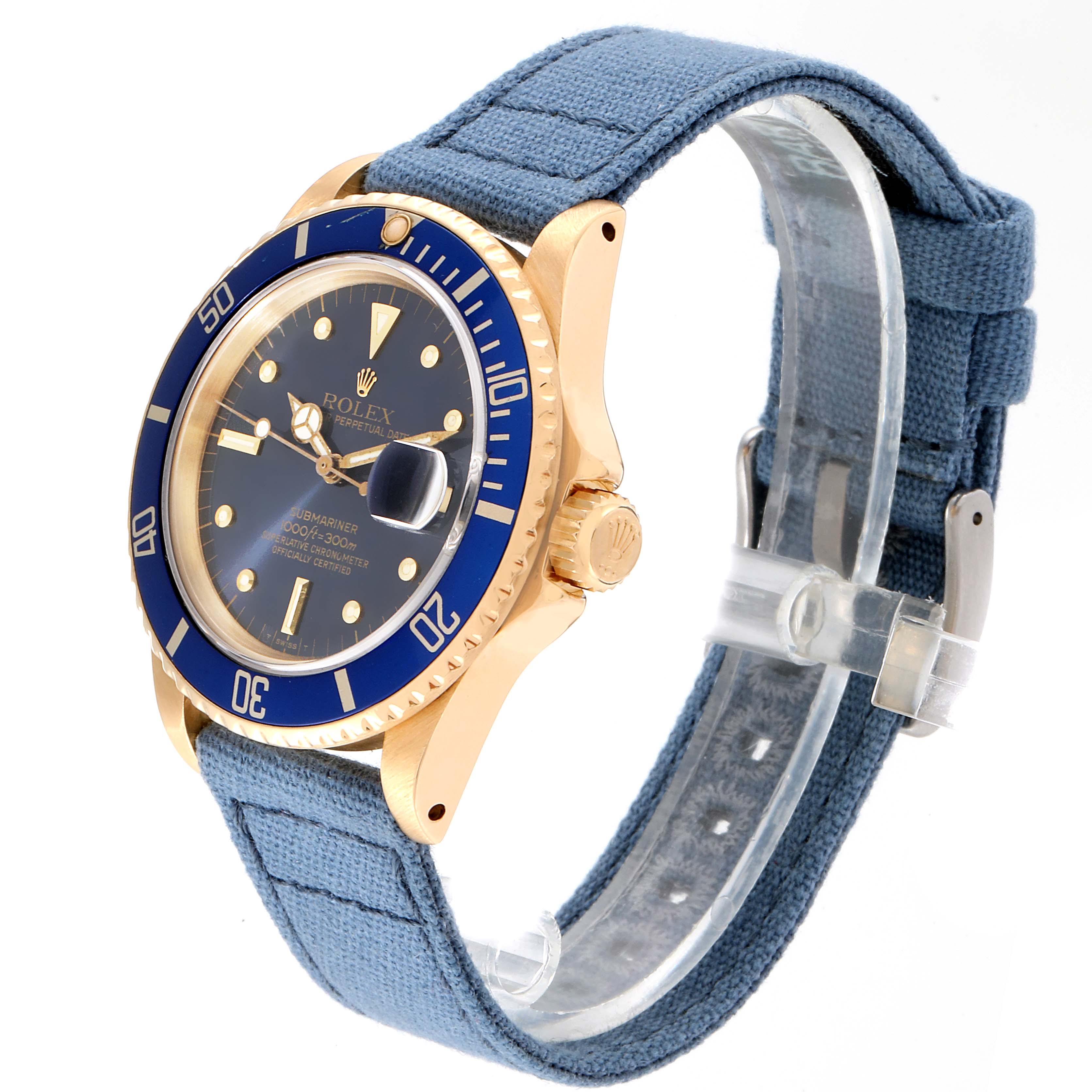 This image shows a Rolex Submariner 16808 Men
s Yellow Gold Blue Dial 16808 Men
s Yellow Gold Blue Dial watch at an angled side view, highlighting the dial, bezel, crown, and strap.