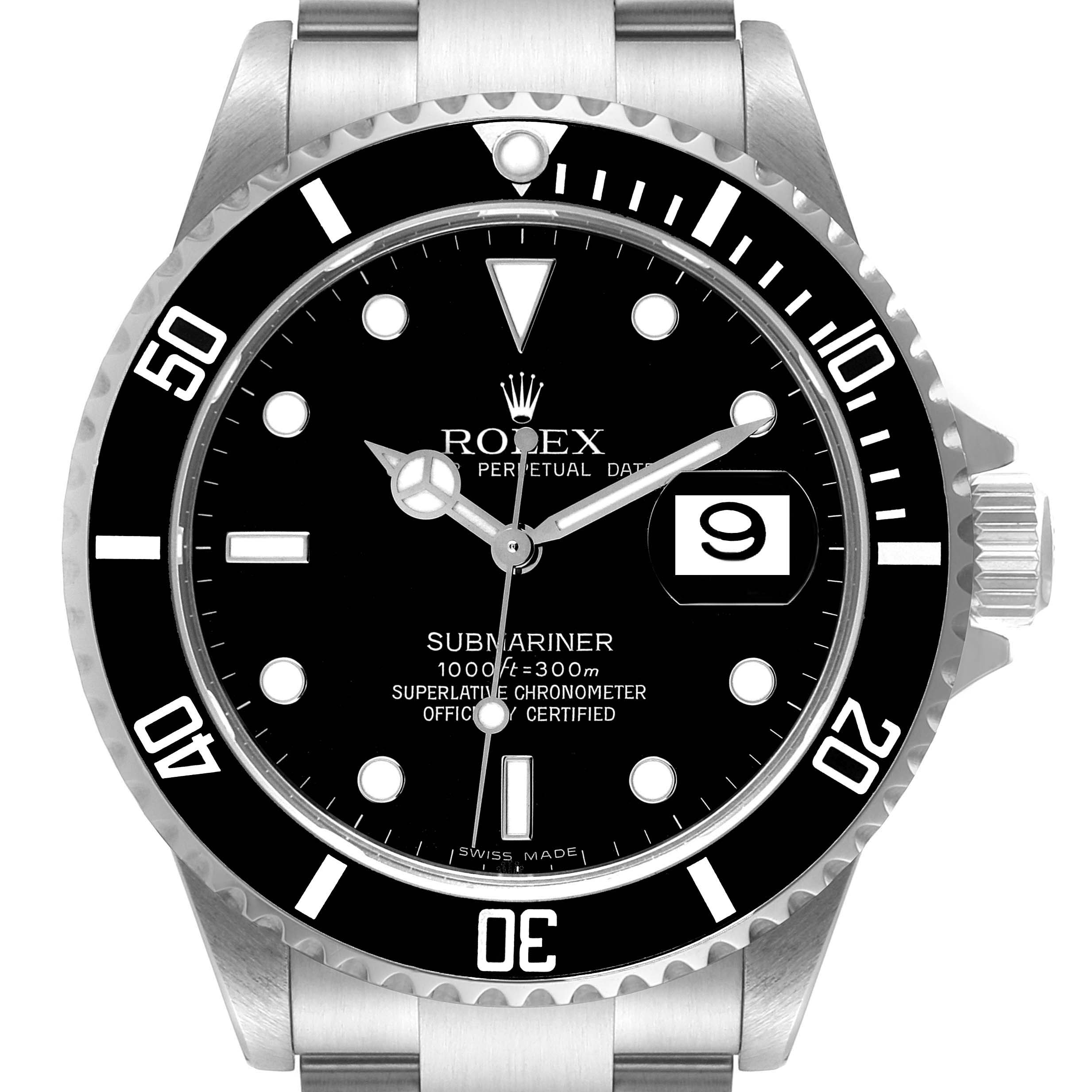 The image shows a front view of a Rolex Submariner 16610 Men
s Stainless Steel Black Dial 16610 Men
s Stainless Steel Black Dial watch, highlighting its dial, bezel, and part of the bracelet.