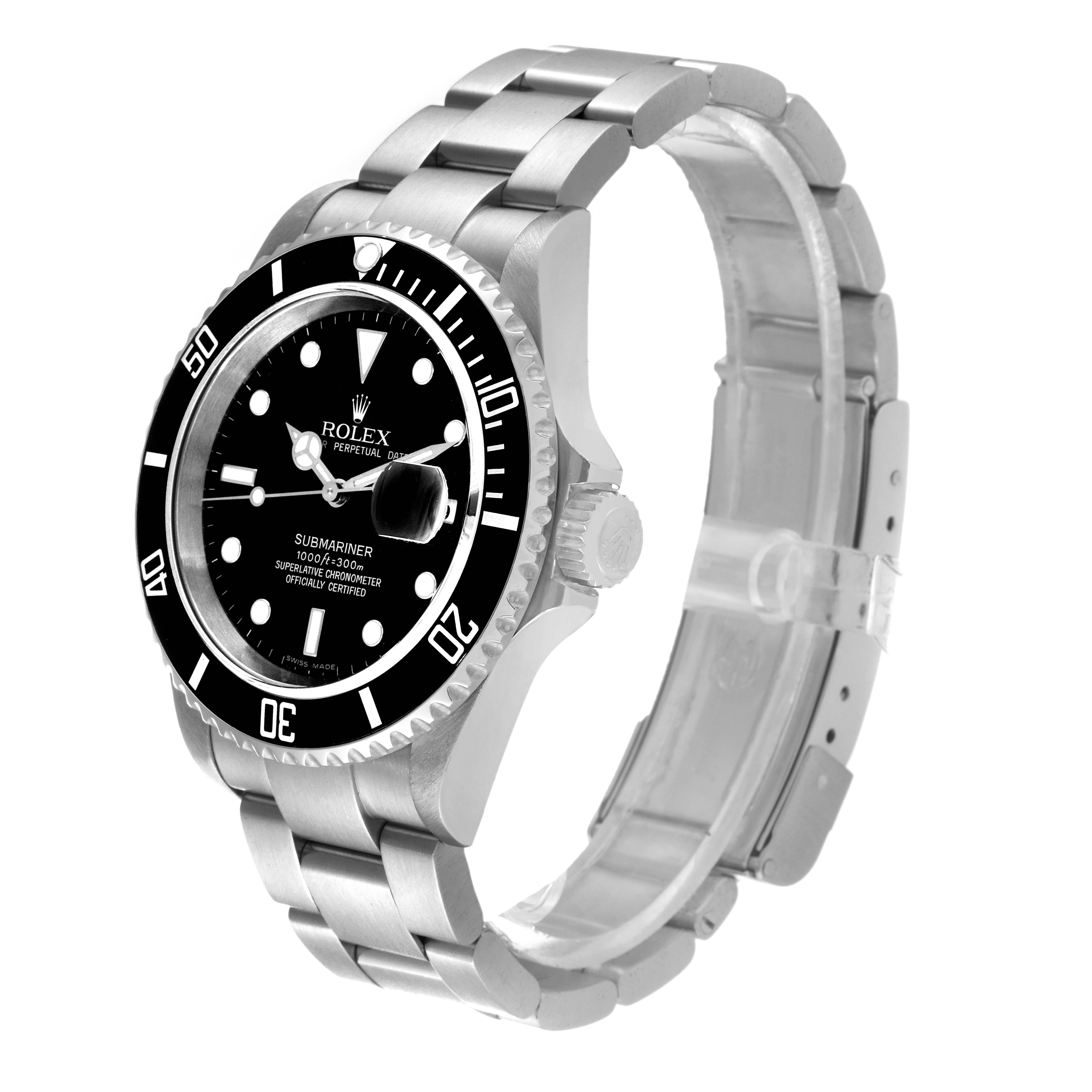 The image shows a Rolex Submariner 16610 Men
s Stainless Steel Black Dial 16610 Men
s Stainless Steel Black Dial model from a side angle, displaying the watch face, bezel, crown, and bracelet.