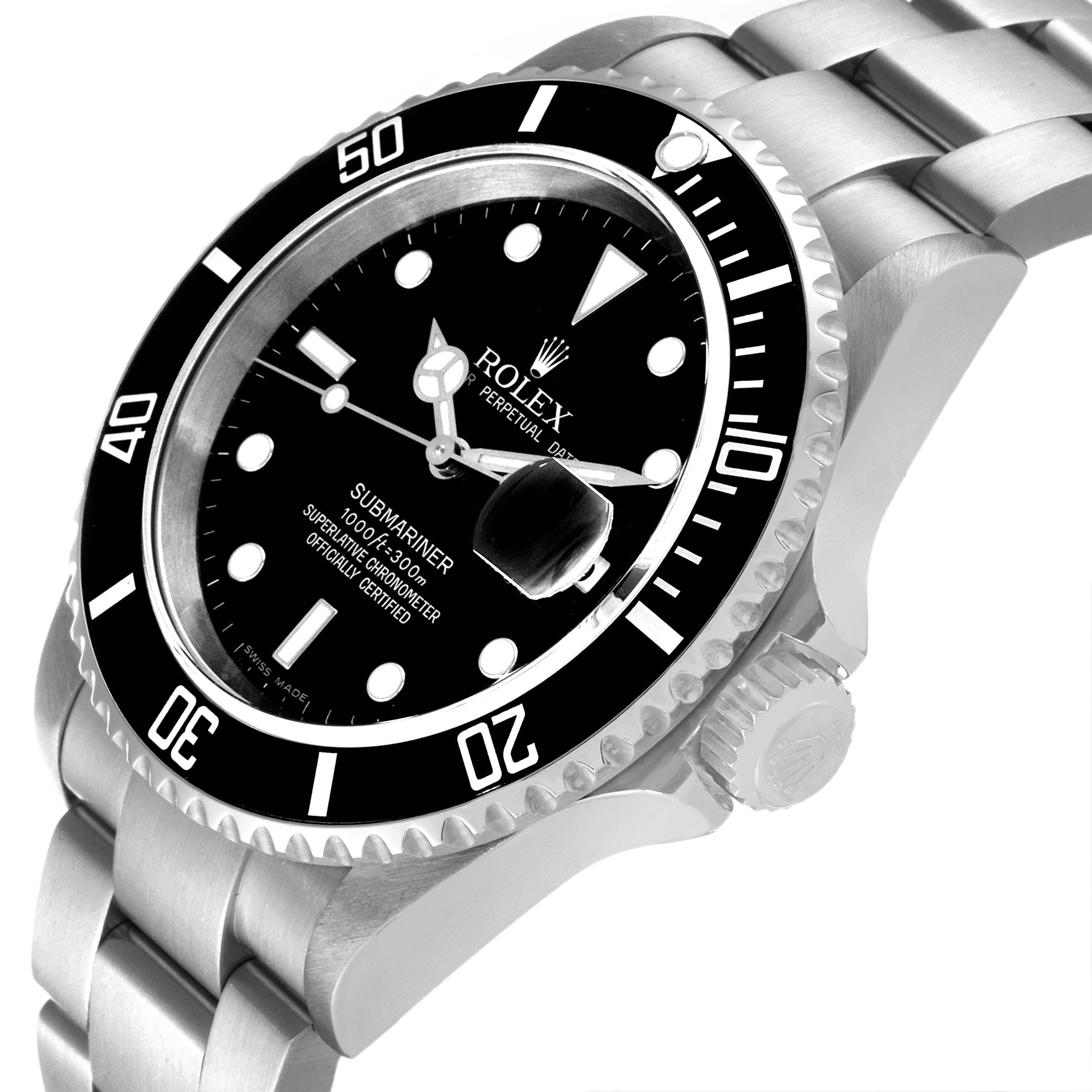 The Rolex Submariner 16610 Men
s Stainless Steel Black Dial 16610 Men
s Stainless Steel Black Dial is shown at an oblique angle, highlighting its face, bezel, crown, and part of the bracelet.