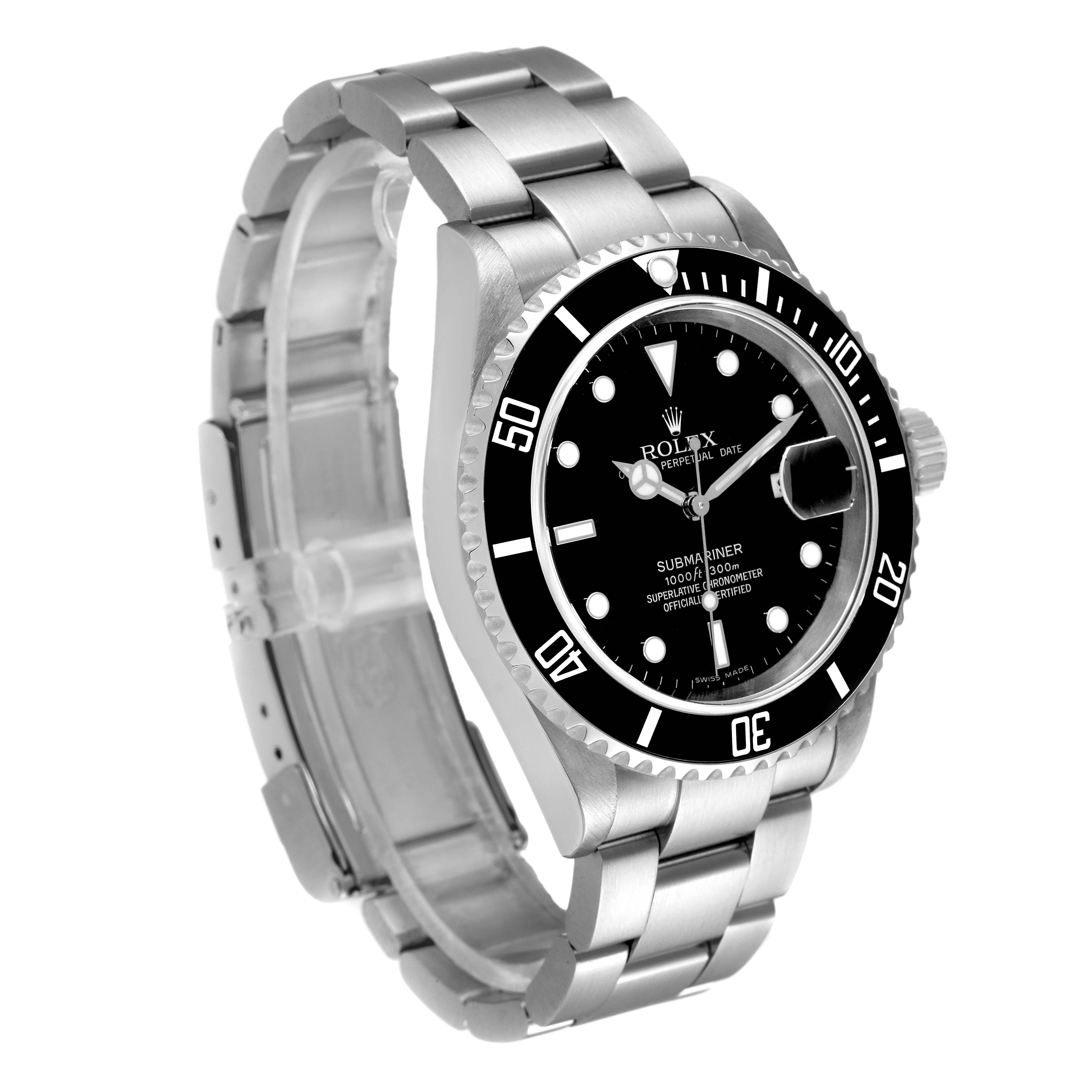 The image shows a Rolex Submariner 16610 Men
s Stainless Steel Black Dial 16610 Men
s Stainless Steel Black Dial watch from a 3/4 angle emphasizing the face, bezel, and bracelet.