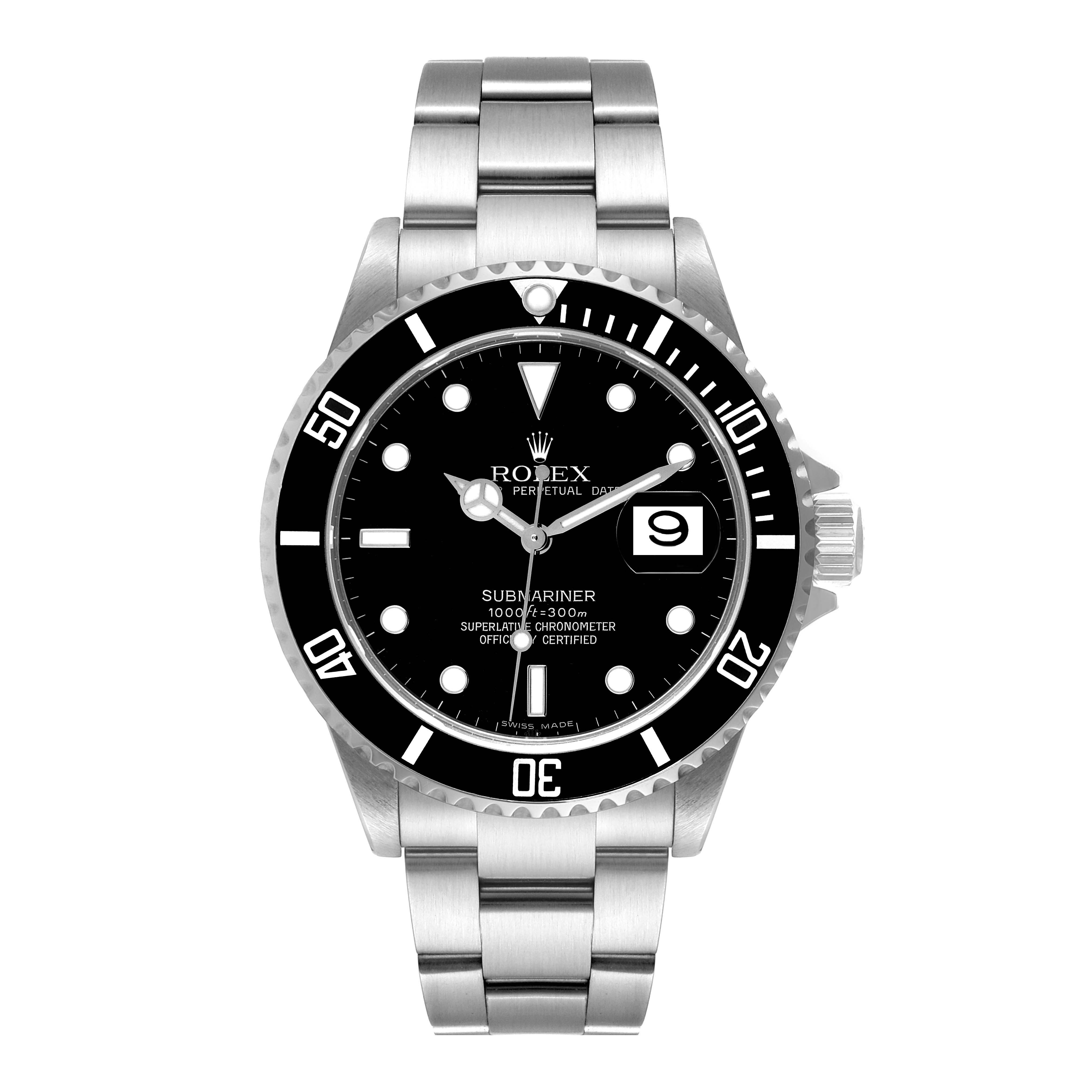 The image shows a frontal view of the Rolex Submariner 16610 Men
s Stainless Steel Black Dial 16610 Men
s Stainless Steel Black Dial watch, displaying its black dial, bezel, and stainless steel bracelet.