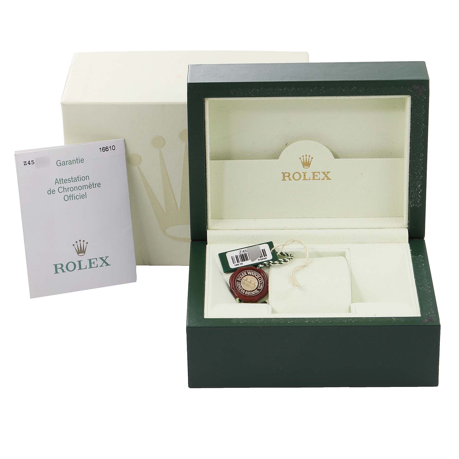 The image shows a green and beige Rolex Submariner 16610 Men
s Stainless Steel Black Dial 16610 Men
s Stainless Steel Black Dial watch box, booklet, and tags, viewed from the front.